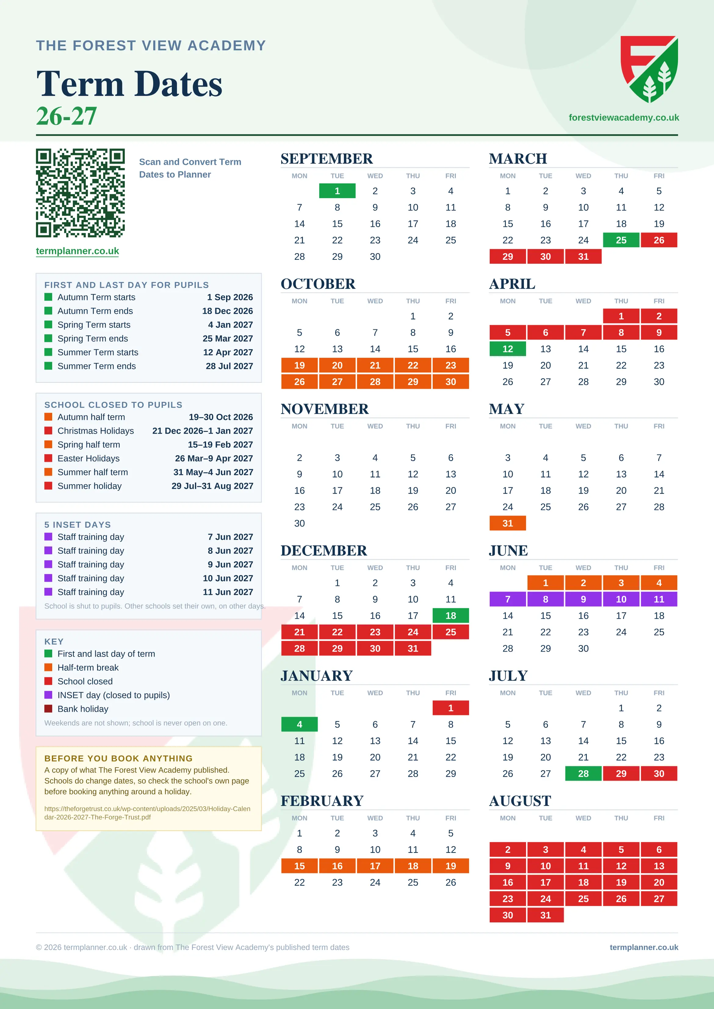 The Forest View Academy’s 2026/27 school year drawn as one sheet: twelve month grids from September to August, Monday to Friday, with autumn term 1 September to 18 December 2026, spring term 4 January to 25 March 2027, summer term 12 April to 28 July 2027. Half terms, holidays and bank holidays are filled in colour, the first and last day of each term is marked, 5 INSET days are picked out, and every date is listed again in words down the left.