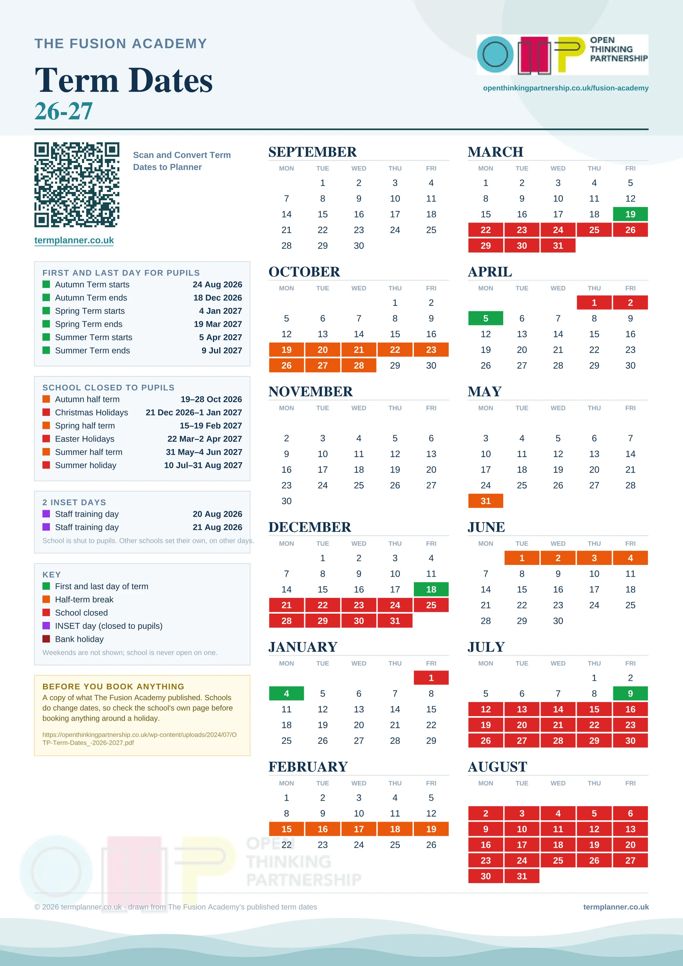 The Fusion Academy’s 2026/27 school year drawn as one sheet: twelve month grids from September to August, Monday to Friday, with autumn term 24 August to 18 December 2026, spring term 4 January to 19 March 2027, summer term 5 April to 9 July 2027. Half terms, holidays and bank holidays are filled in colour, the first and last day of each term is marked, 2 INSET days are picked out, and every date is listed again in words down the left.