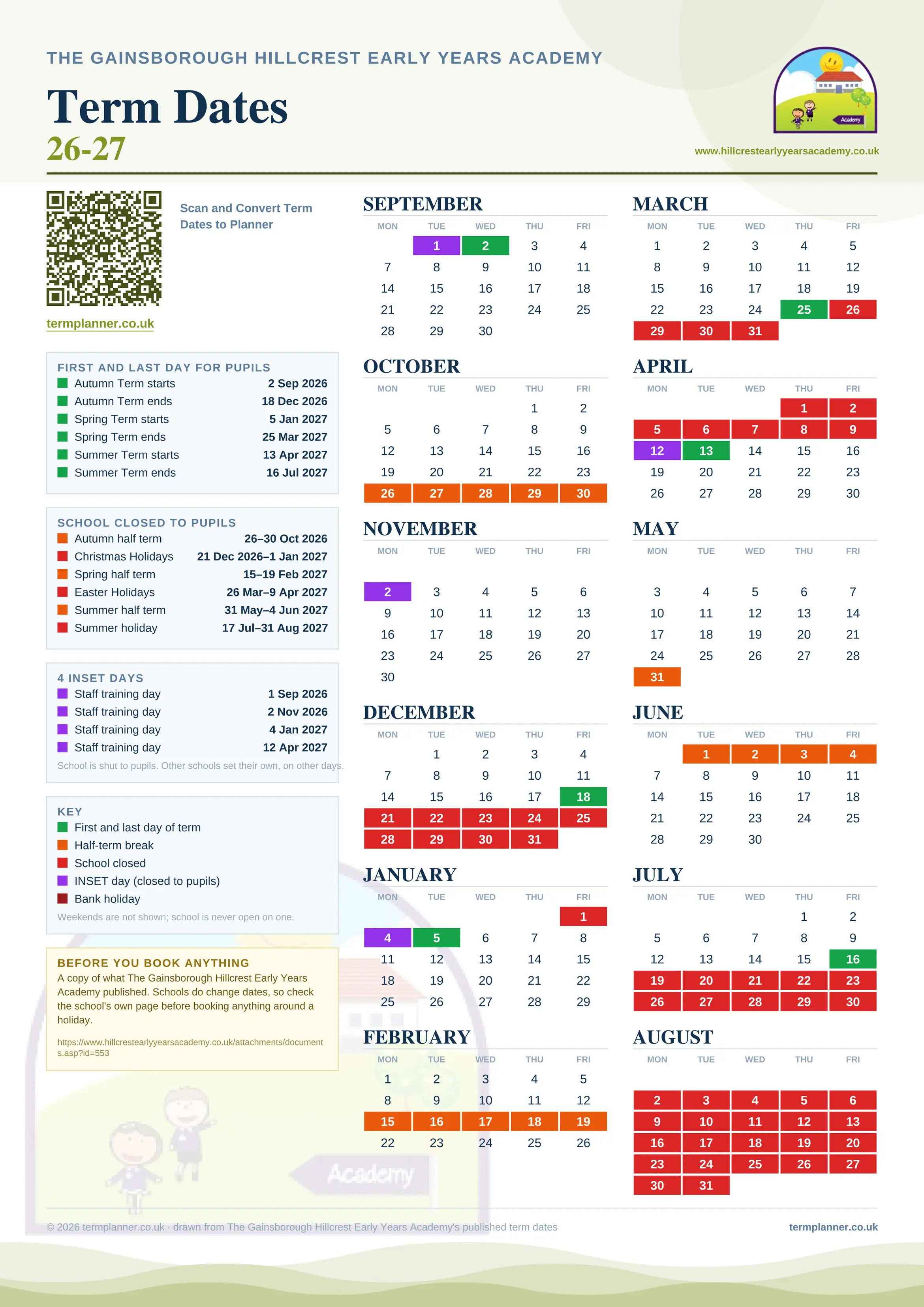 The Gainsborough Hillcrest Early Years Academy’s 2026/27 school year drawn as one sheet: twelve month grids from September to August, Monday to Friday, with autumn term 2 September to 18 December 2026, spring term 5 January to 25 March 2027, summer term 13 April to 16 July 2027. Half terms, holidays and bank holidays are filled in colour, the first and last day of each term is marked, 4 INSET days are picked out, and every date is listed again in words down the left.