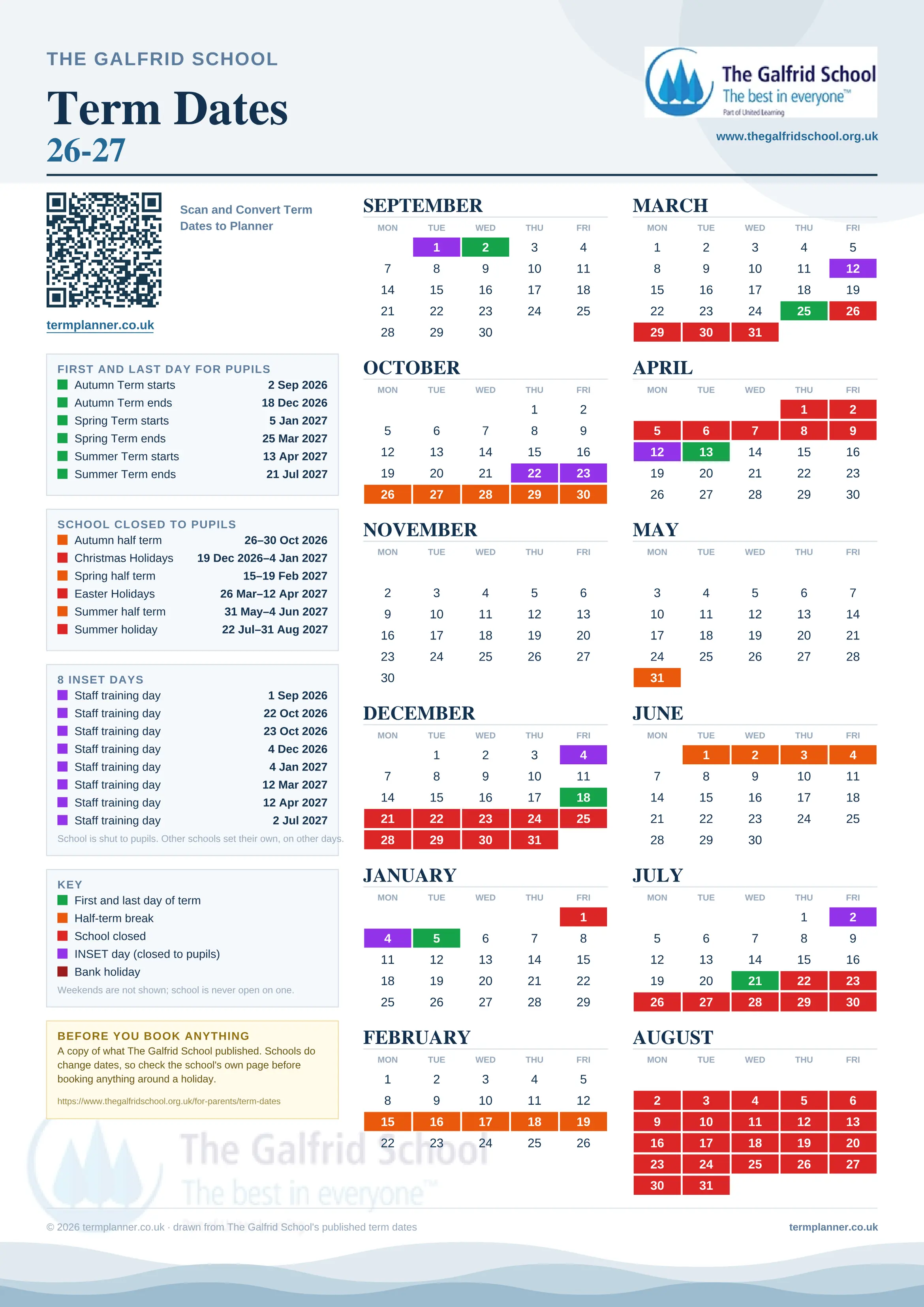 The Galfrid School’s 2026/27 school year drawn as one sheet: twelve month grids from September to August, Monday to Friday, with autumn term 2 September to 18 December 2026, spring term 5 January to 25 March 2027, summer term 13 April to 21 July 2027. Half terms, holidays and bank holidays are filled in colour, the first and last day of each term is marked, 8 INSET days are picked out, and every date is listed again in words down the left.