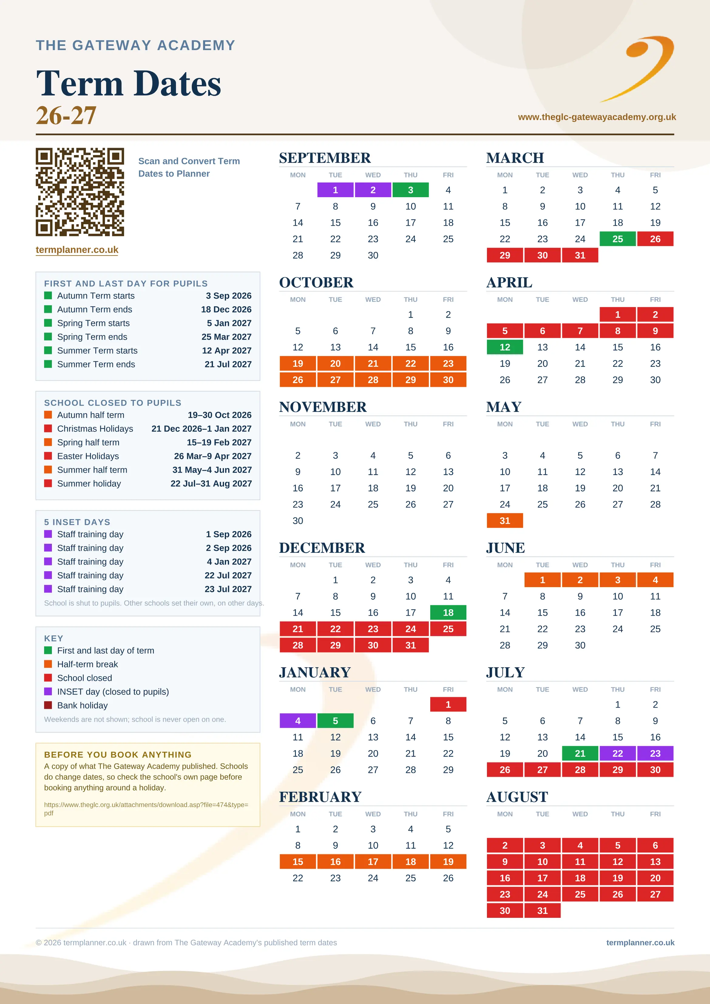 The Gateway Academy’s 2026/27 school year drawn as one sheet: twelve month grids from September to August, Monday to Friday, with autumn term 3 September to 18 December 2026, spring term 5 January to 25 March 2027, summer term 12 April to 21 July 2027. Half terms, holidays and bank holidays are filled in colour, the first and last day of each term is marked, 5 INSET days are picked out, and every date is listed again in words down the left.