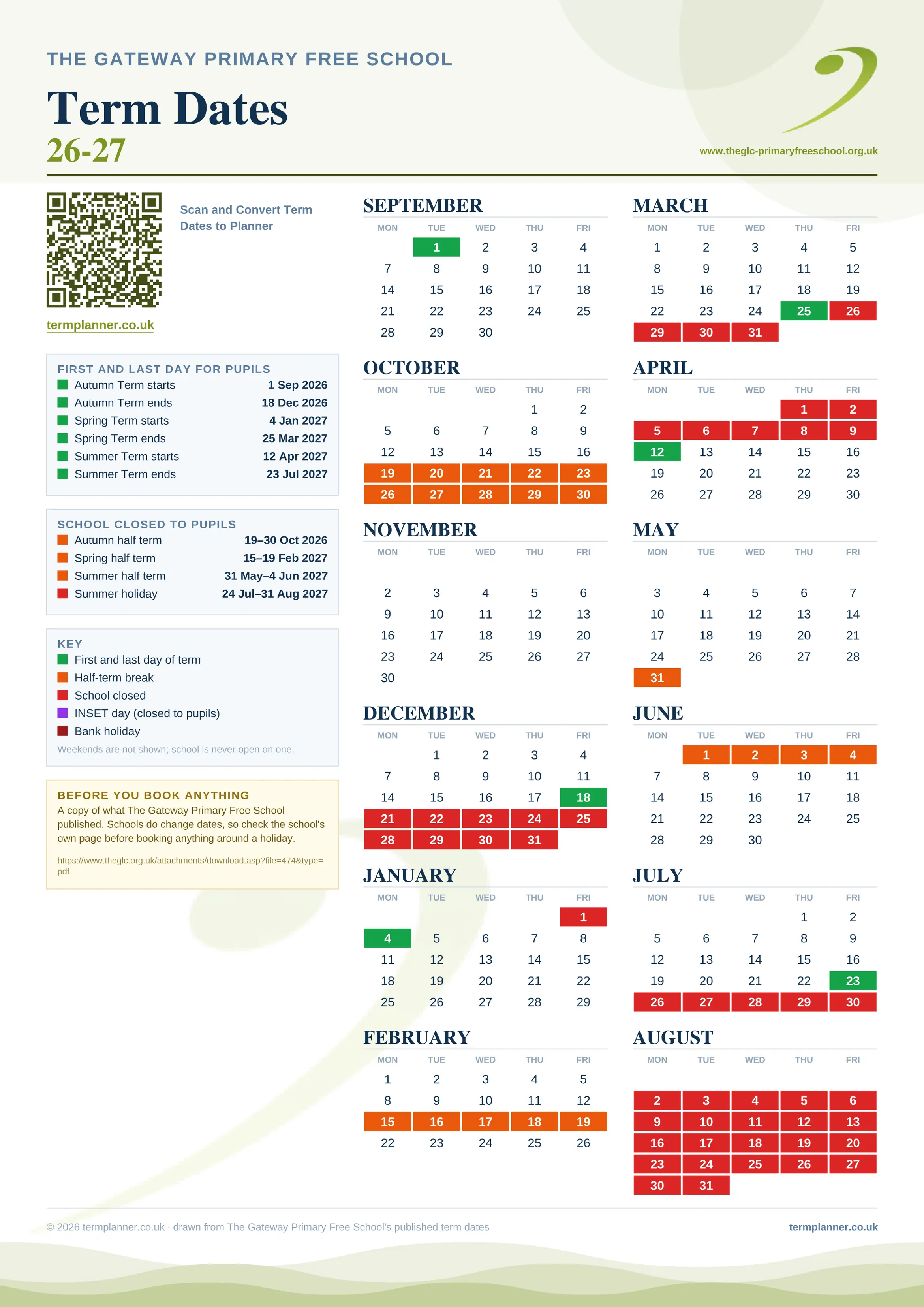 The Gateway Primary Free School’s 2026/27 school year drawn as one sheet: twelve month grids from September to August, Monday to Friday, with autumn term 1 September to 18 December 2026, spring term 4 January to 25 March 2027, summer term 12 April to 23 July 2027. Half terms, holidays and bank holidays are filled in colour, the first and last day of each term is marked, and every date is listed again in words down the left.