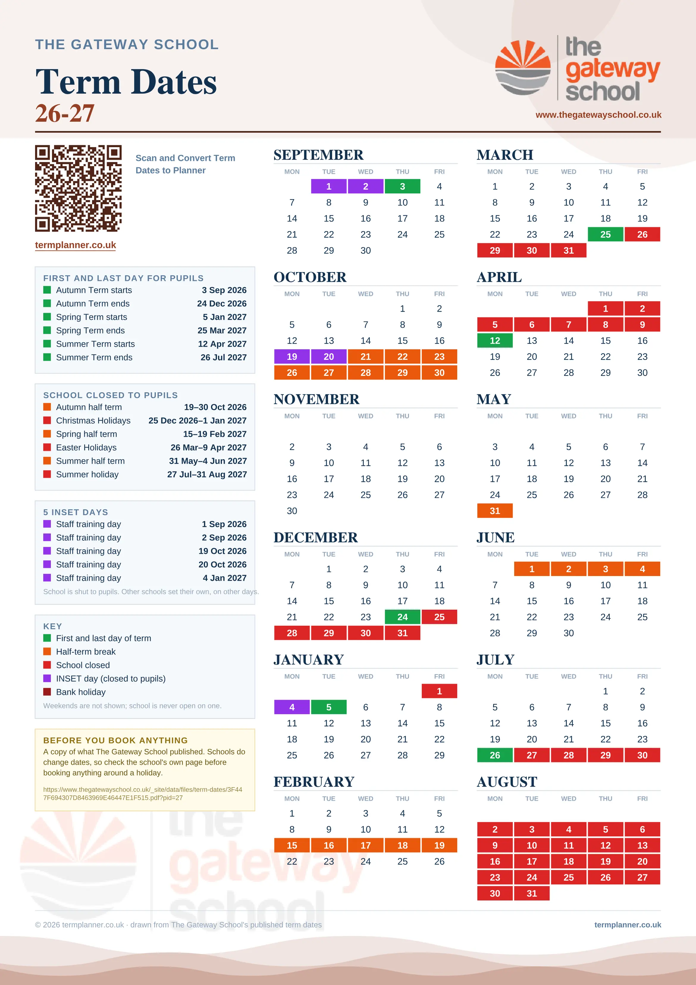 The Gateway School’s 2026/27 school year drawn as one sheet: twelve month grids from September to August, Monday to Friday, with autumn term 3 September to 24 December 2026, spring term 5 January to 25 March 2027, summer term 12 April to 26 July 2027. Half terms, holidays and bank holidays are filled in colour, the first and last day of each term is marked, 5 INSET days are picked out, and every date is listed again in words down the left.