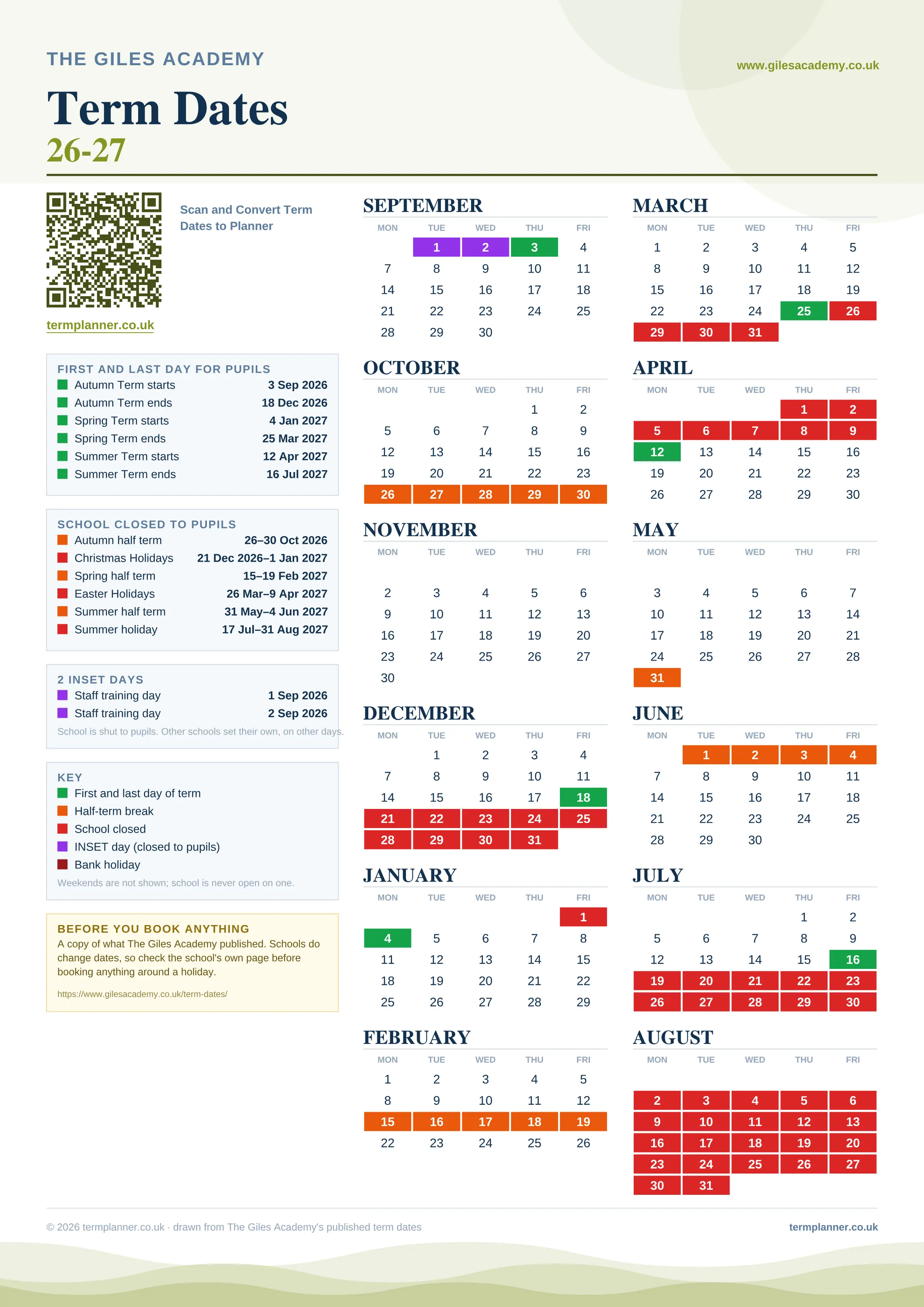 The Giles Academy’s 2026/27 school year drawn as one sheet: twelve month grids from September to August, Monday to Friday, with autumn term 3 September to 18 December 2026, spring term 4 January to 25 March 2027, summer term 12 April to 16 July 2027. Half terms, holidays and bank holidays are filled in colour, the first and last day of each term is marked, 2 INSET days are picked out, and every date is listed again in words down the left.