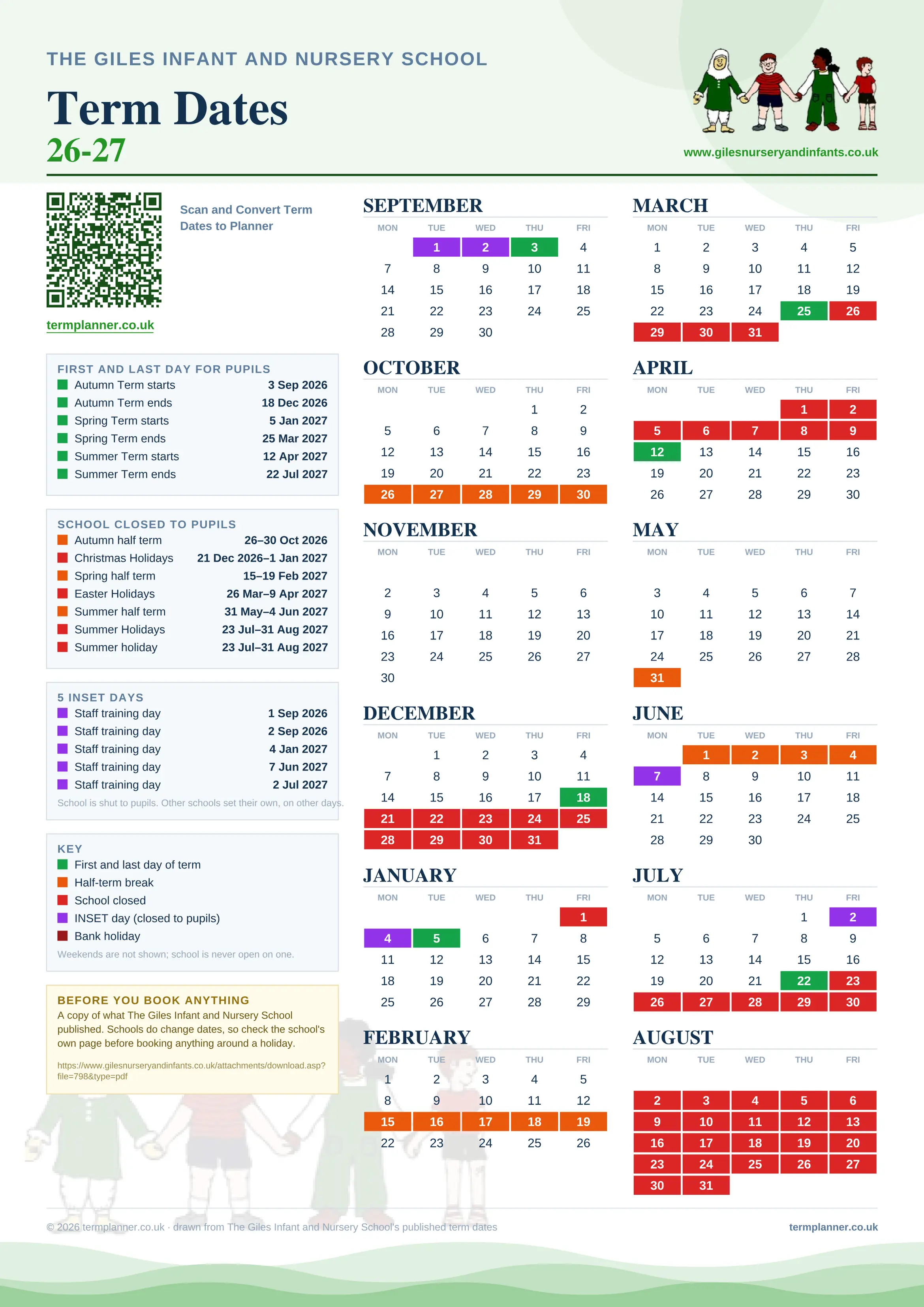 The Giles Infant and Nursery School’s 2026/27 school year drawn as one sheet: twelve month grids from September to August, Monday to Friday, with autumn term 3 September to 18 December 2026, spring term 5 January to 25 March 2027, summer term 12 April to 22 July 2027. Half terms, holidays and bank holidays are filled in colour, the first and last day of each term is marked, 5 INSET days are picked out, and every date is listed again in words down the left.
