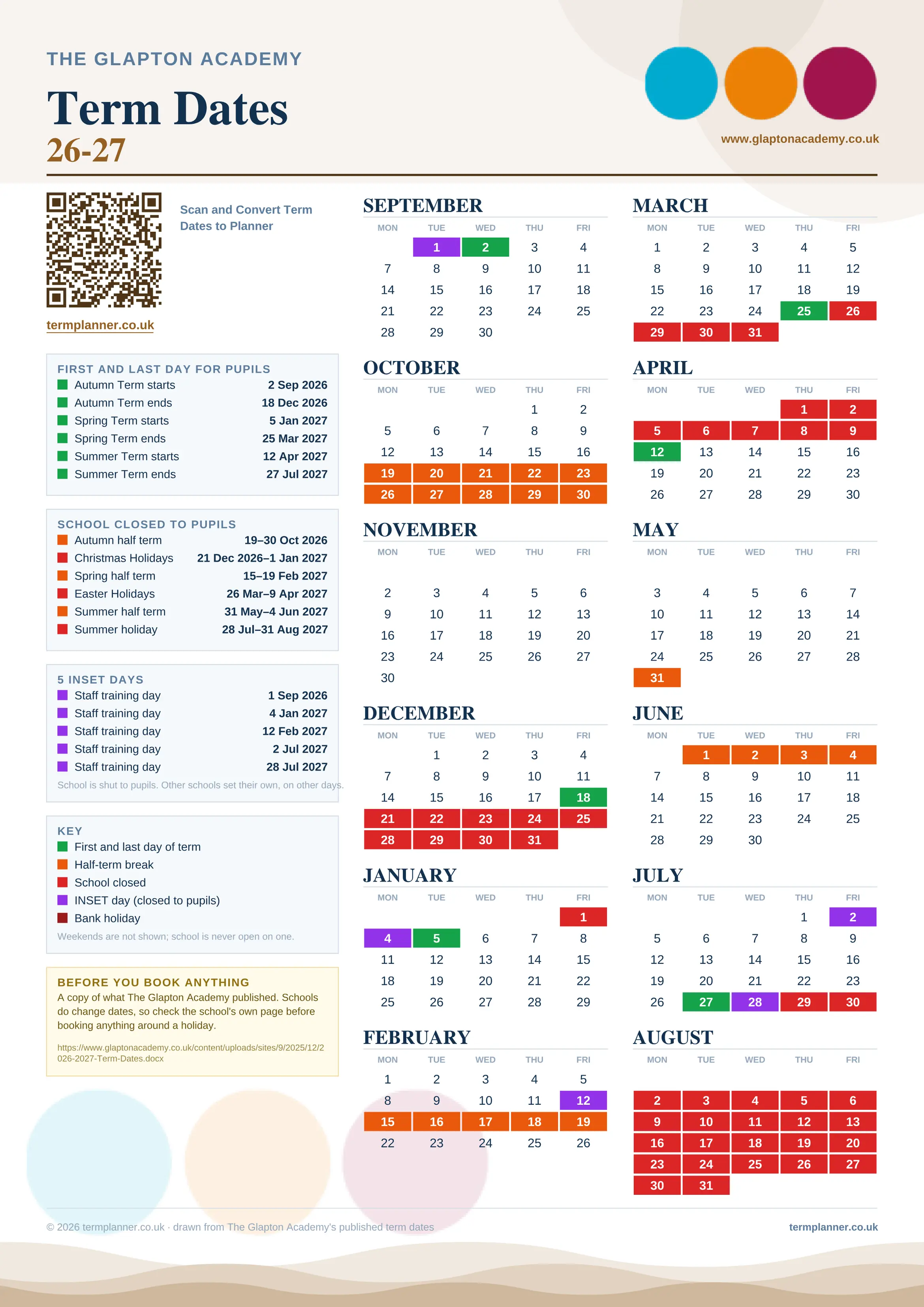 The Glapton Academy’s 2026/27 school year drawn as one sheet: twelve month grids from September to August, Monday to Friday, with autumn term 2 September to 18 December 2026, spring term 5 January to 25 March 2027, summer term 12 April to 27 July 2027. Half terms, holidays and bank holidays are filled in colour, the first and last day of each term is marked, 5 INSET days are picked out, and every date is listed again in words down the left.