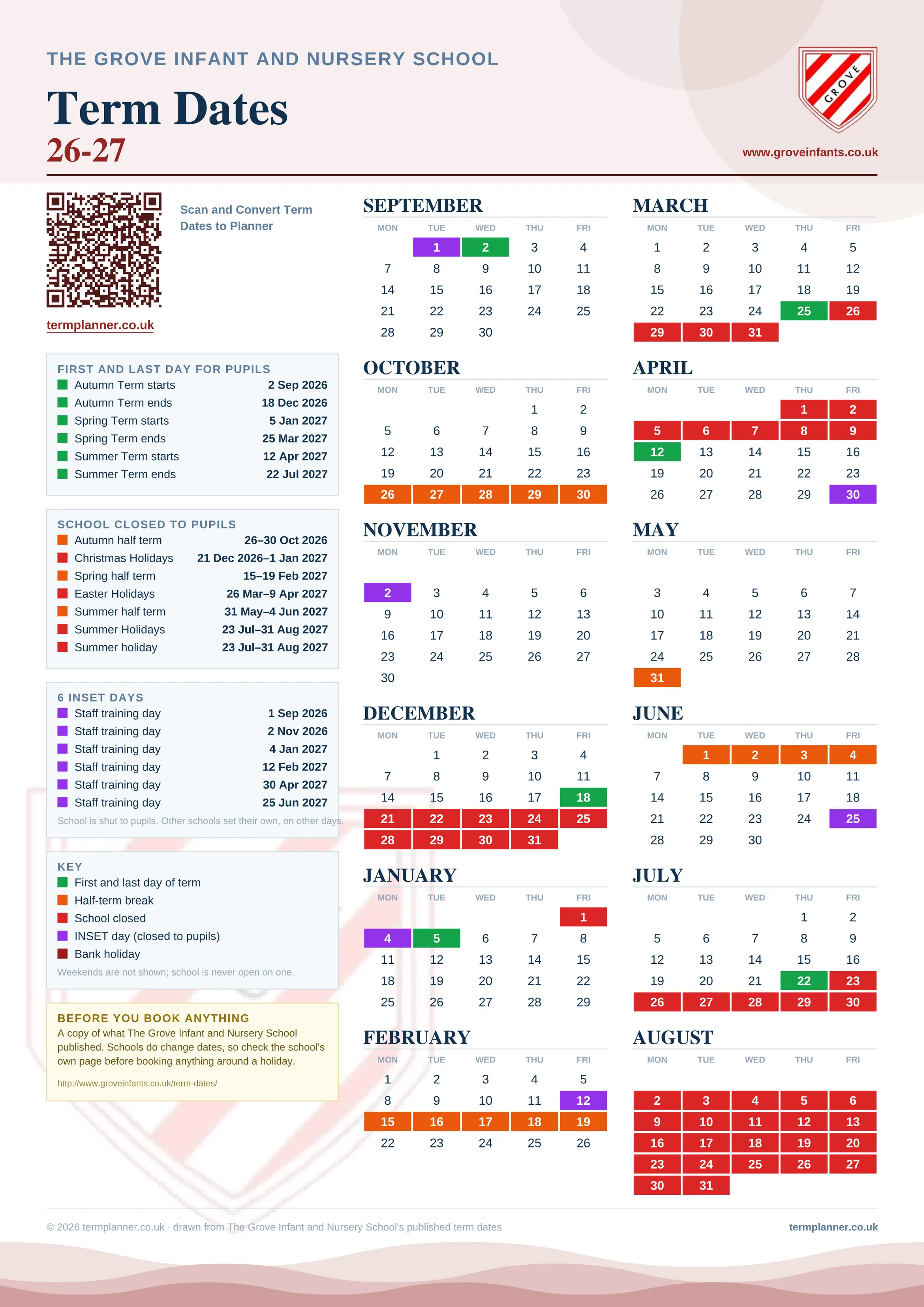 The Grove Infant and Nursery School’s 2026/27 school year drawn as one sheet: twelve month grids from September to August, Monday to Friday, with autumn term 2 September to 18 December 2026, spring term 5 January to 25 March 2027, summer term 12 April to 22 July 2027. Half terms, holidays and bank holidays are filled in colour, the first and last day of each term is marked, 6 INSET days are picked out, and every date is listed again in words down the left.