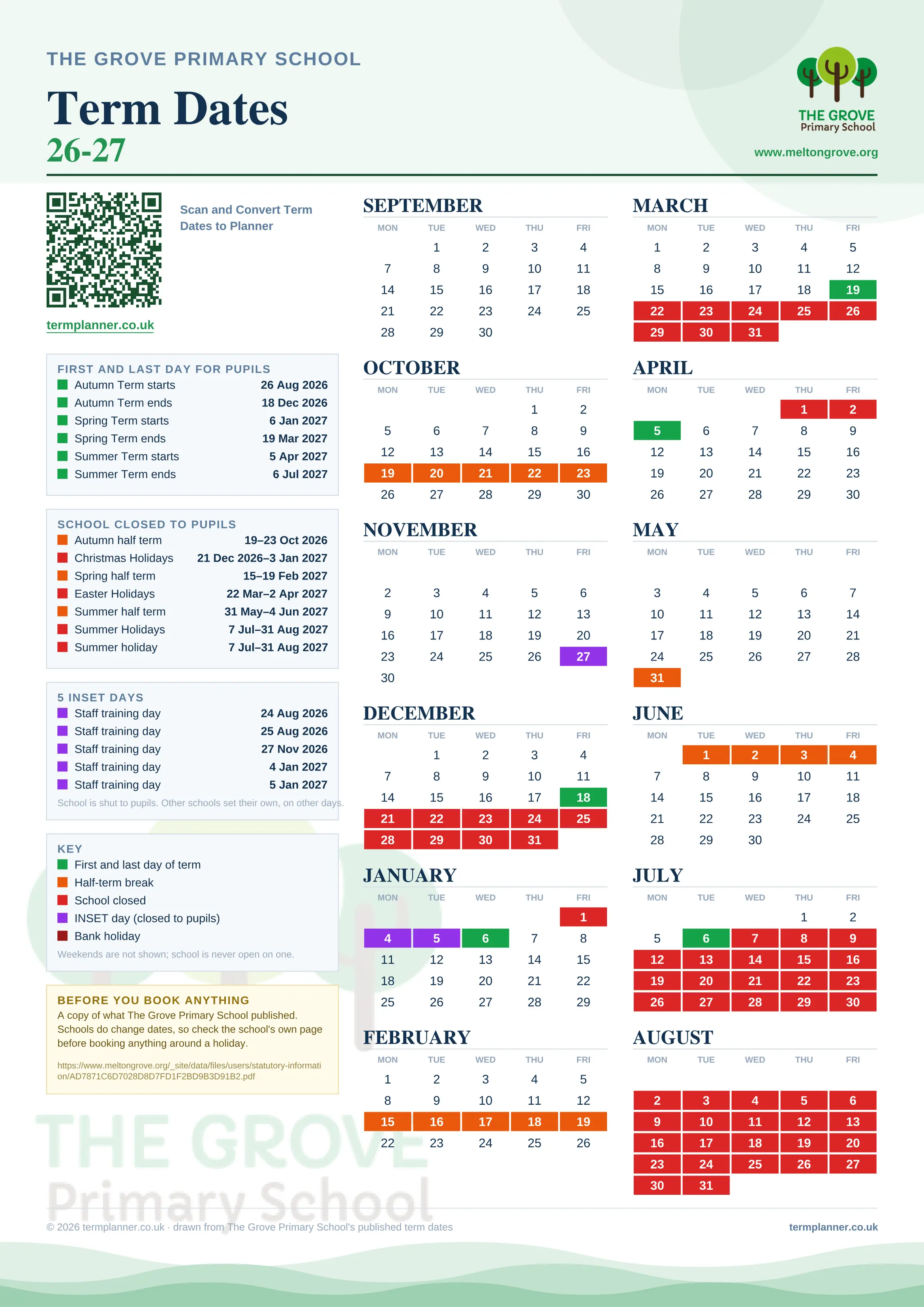 The Grove Primary School’s 2026/27 school year drawn as one sheet: twelve month grids from September to August, Monday to Friday, with autumn term 26 August to 18 December 2026, spring term 6 January to 19 March 2027, summer term 5 April to 6 July 2027. Half terms, holidays and bank holidays are filled in colour, the first and last day of each term is marked, 5 INSET days are picked out, and every date is listed again in words down the left.