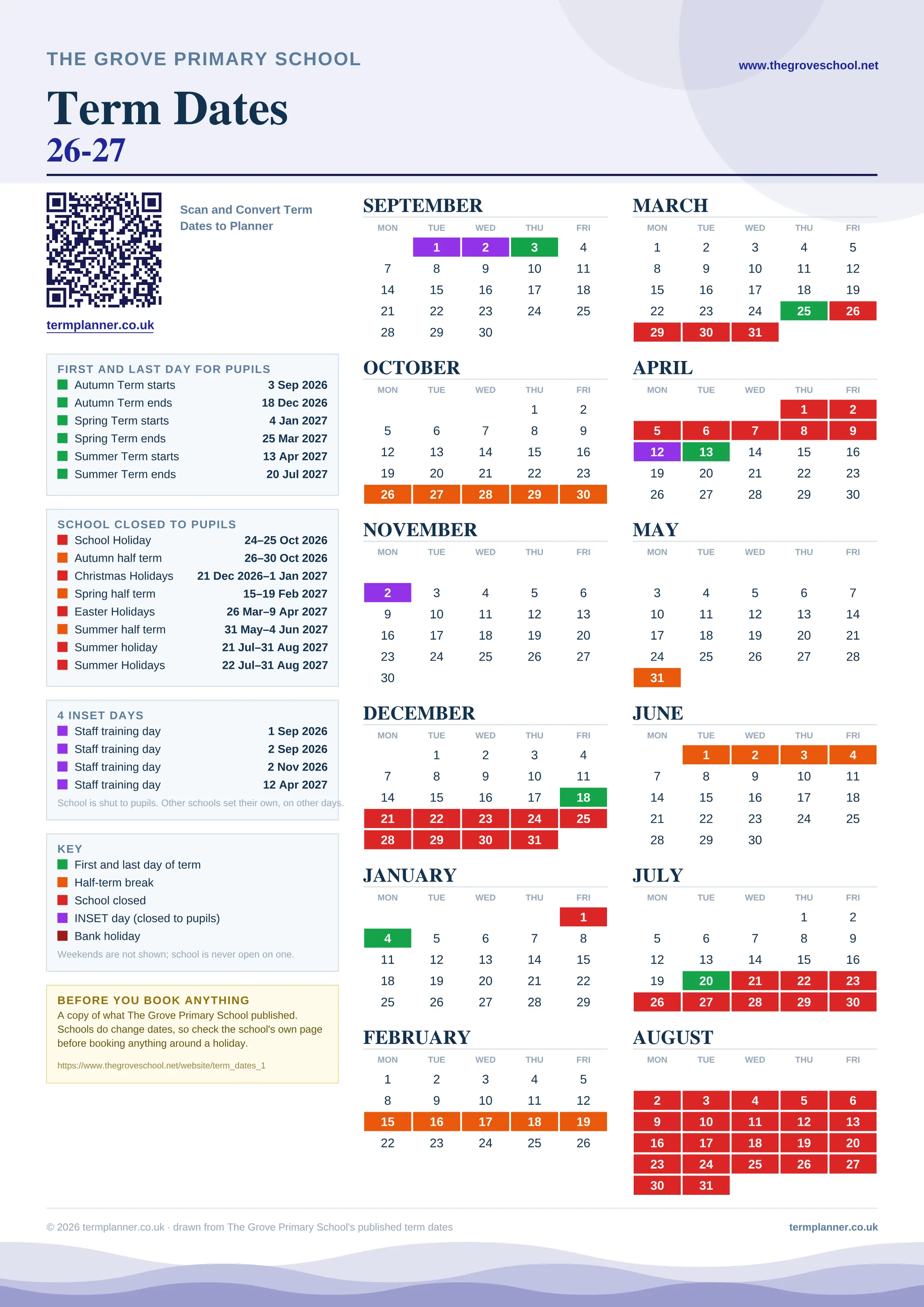 The Grove Primary School’s 2026/27 school year drawn as one sheet: twelve month grids from September to August, Monday to Friday, with autumn term 3 September to 18 December 2026, spring term 4 January to 25 March 2027, summer term 13 April to 20 July 2027. Half terms, holidays and bank holidays are filled in colour, the first and last day of each term is marked, 4 INSET days are picked out, and every date is listed again in words down the left.