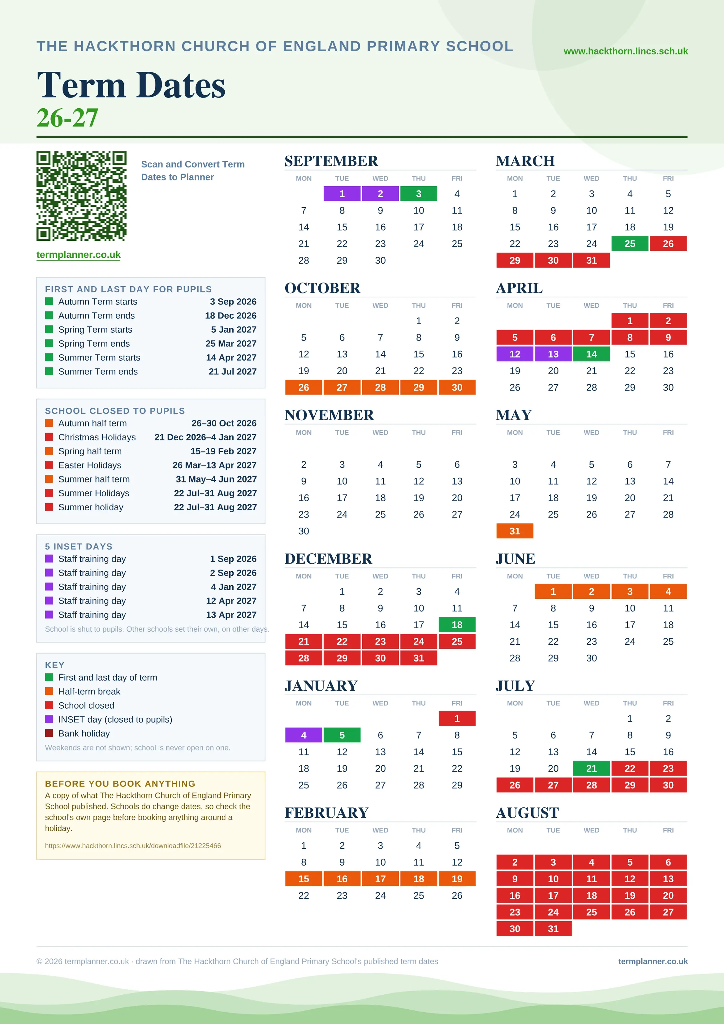 The Hackthorn Church of England Primary School’s 2026/27 school year drawn as one sheet: twelve month grids from September to August, Monday to Friday, with autumn term 3 September to 18 December 2026, spring term 5 January to 25 March 2027, summer term 14 April to 21 July 2027. Half terms, holidays and bank holidays are filled in colour, the first and last day of each term is marked, 5 INSET days are picked out, and every date is listed again in words down the left.