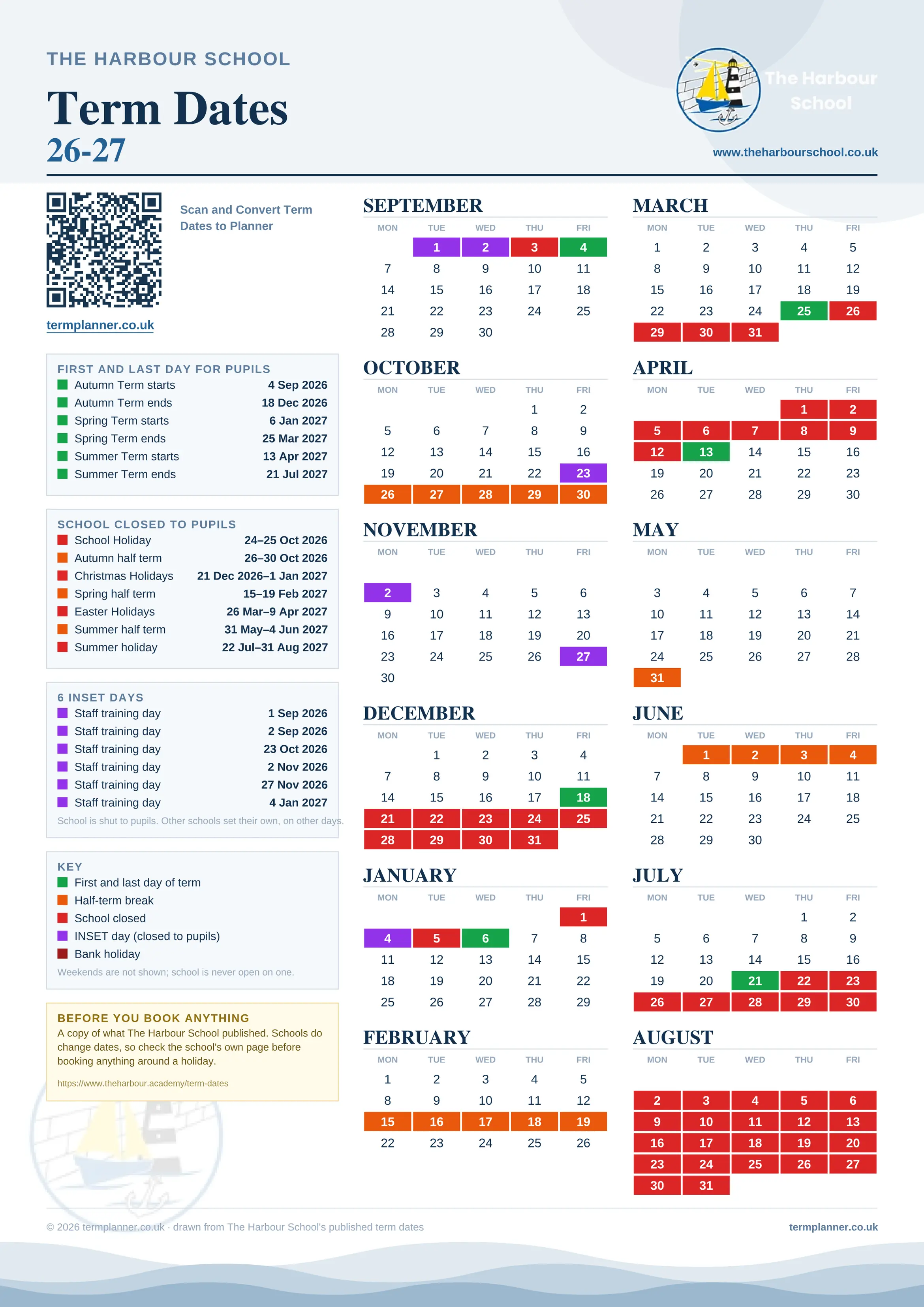 The Harbour School’s 2026/27 school year drawn as one sheet: twelve month grids from September to August, Monday to Friday, with autumn term 4 September to 18 December 2026, spring term 6 January to 25 March 2027, summer term 13 April to 21 July 2027. Half terms, holidays and bank holidays are filled in colour, the first and last day of each term is marked, 6 INSET days are picked out, and every date is listed again in words down the left.
