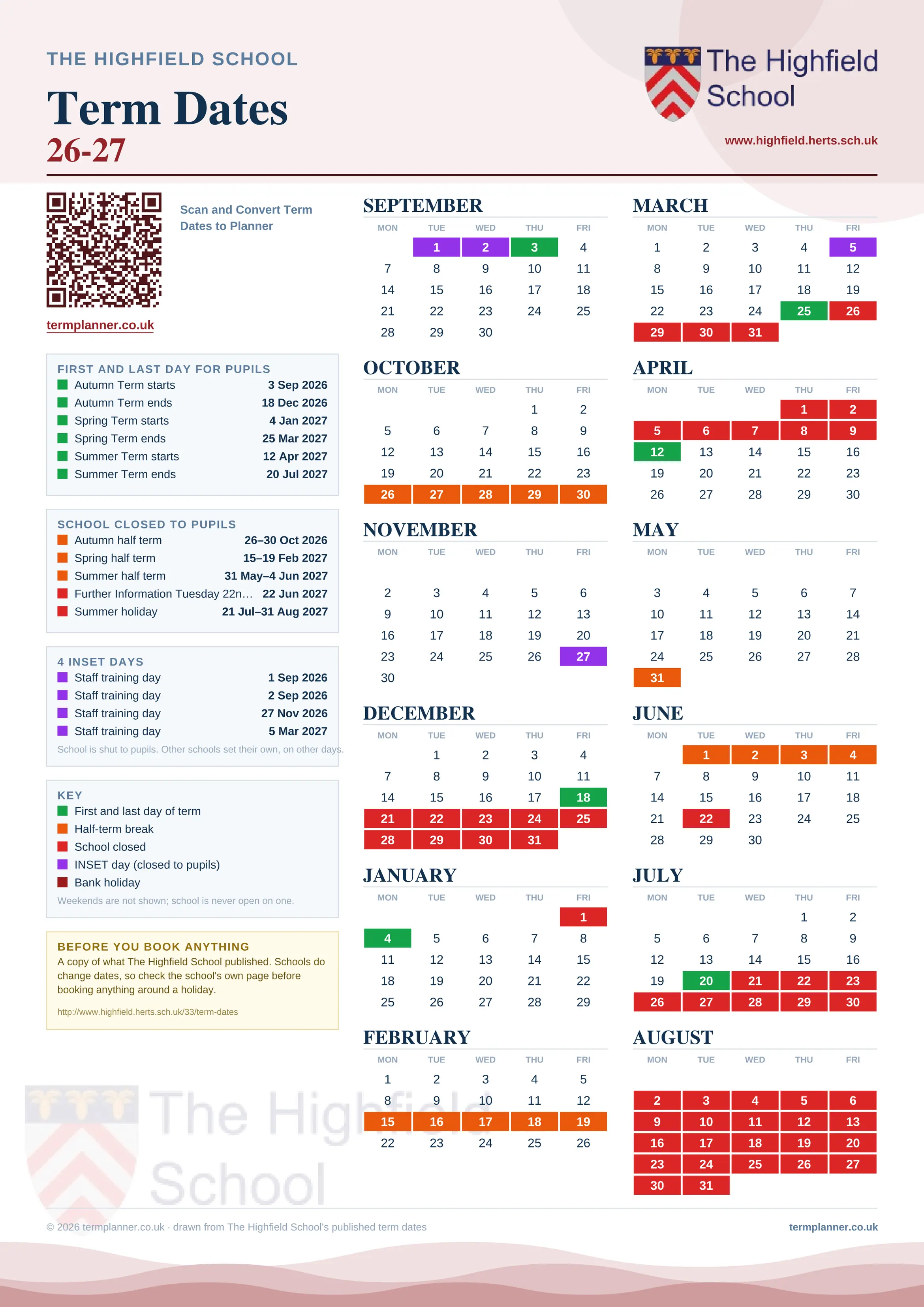 The Highfield School’s 2026/27 school year drawn as one sheet: twelve month grids from September to August, Monday to Friday, with autumn term 3 September to 18 December 2026, spring term 4 January to 25 March 2027, summer term 12 April to 20 July 2027. Half terms, holidays and bank holidays are filled in colour, the first and last day of each term is marked, 4 INSET days are picked out, and every date is listed again in words down the left.