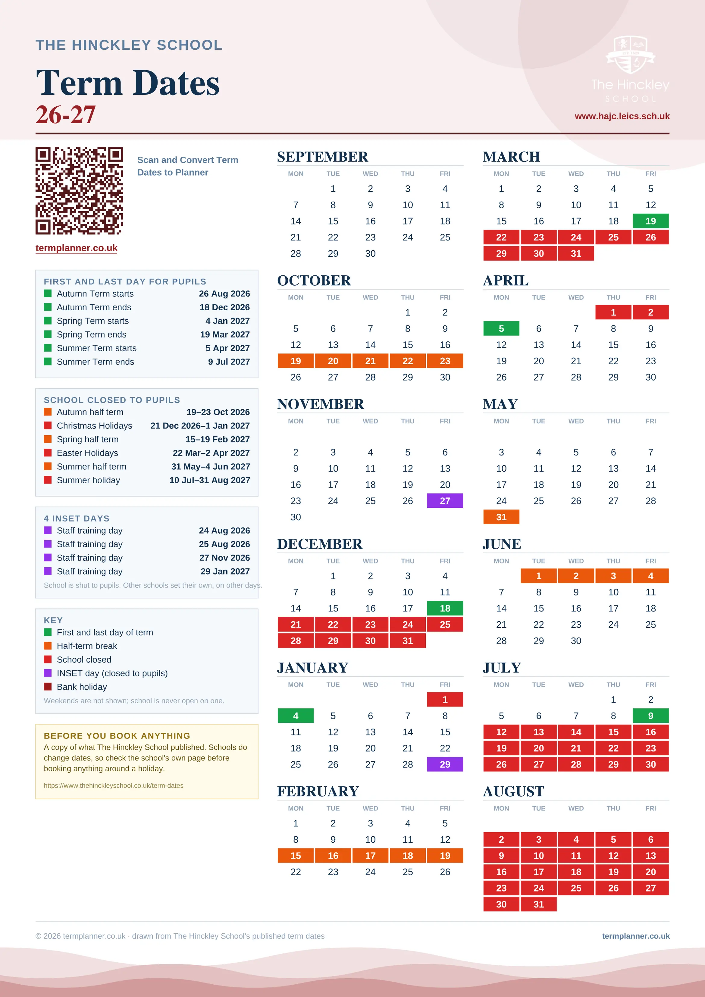 The Hinckley School’s 2026/27 school year drawn as one sheet: twelve month grids from September to August, Monday to Friday, with autumn term 26 August to 18 December 2026, spring term 4 January to 19 March 2027, summer term 5 April to 9 July 2027. Half terms, holidays and bank holidays are filled in colour, the first and last day of each term is marked, 4 INSET days are picked out, and every date is listed again in words down the left.