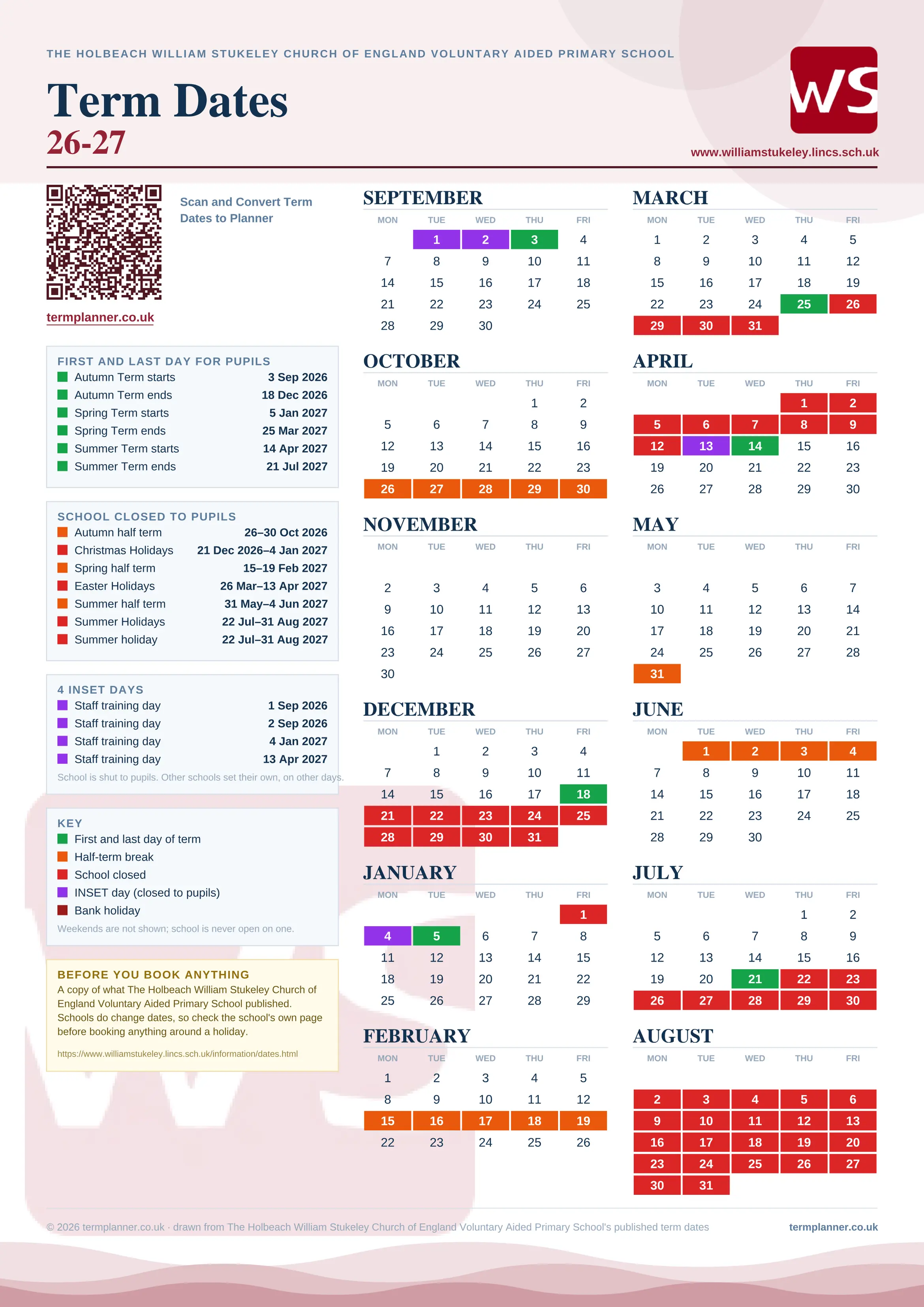 The Holbeach William Stukeley Church of England Voluntary Aided Primary School’s 2026/27 school year drawn as one sheet: twelve month grids from September to August, Monday to Friday, with autumn term 3 September to 18 December 2026, spring term 5 January to 25 March 2027, summer term 14 April to 21 July 2027. Half terms, holidays and bank holidays are filled in colour, the first and last day of each term is marked, 4 INSET days are picked out, and every date is listed again in words down the left.