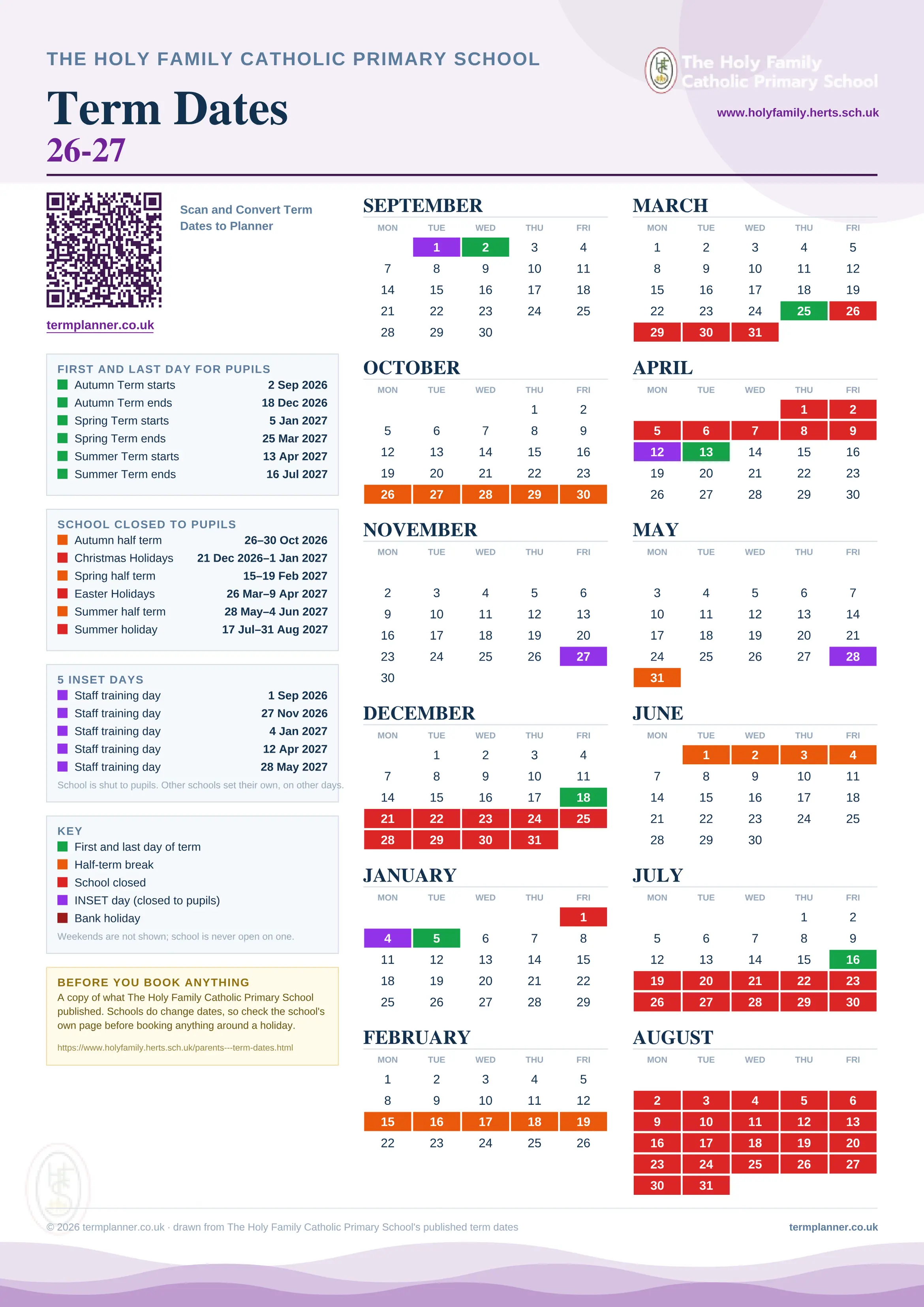 The Holy Family Catholic Primary School’s 2026/27 school year drawn as one sheet: twelve month grids from September to August, Monday to Friday, with autumn term 2 September to 18 December 2026, spring term 5 January to 25 March 2027, summer term 13 April to 16 July 2027. Half terms, holidays and bank holidays are filled in colour, the first and last day of each term is marked, 5 INSET days are picked out, and every date is listed again in words down the left.
