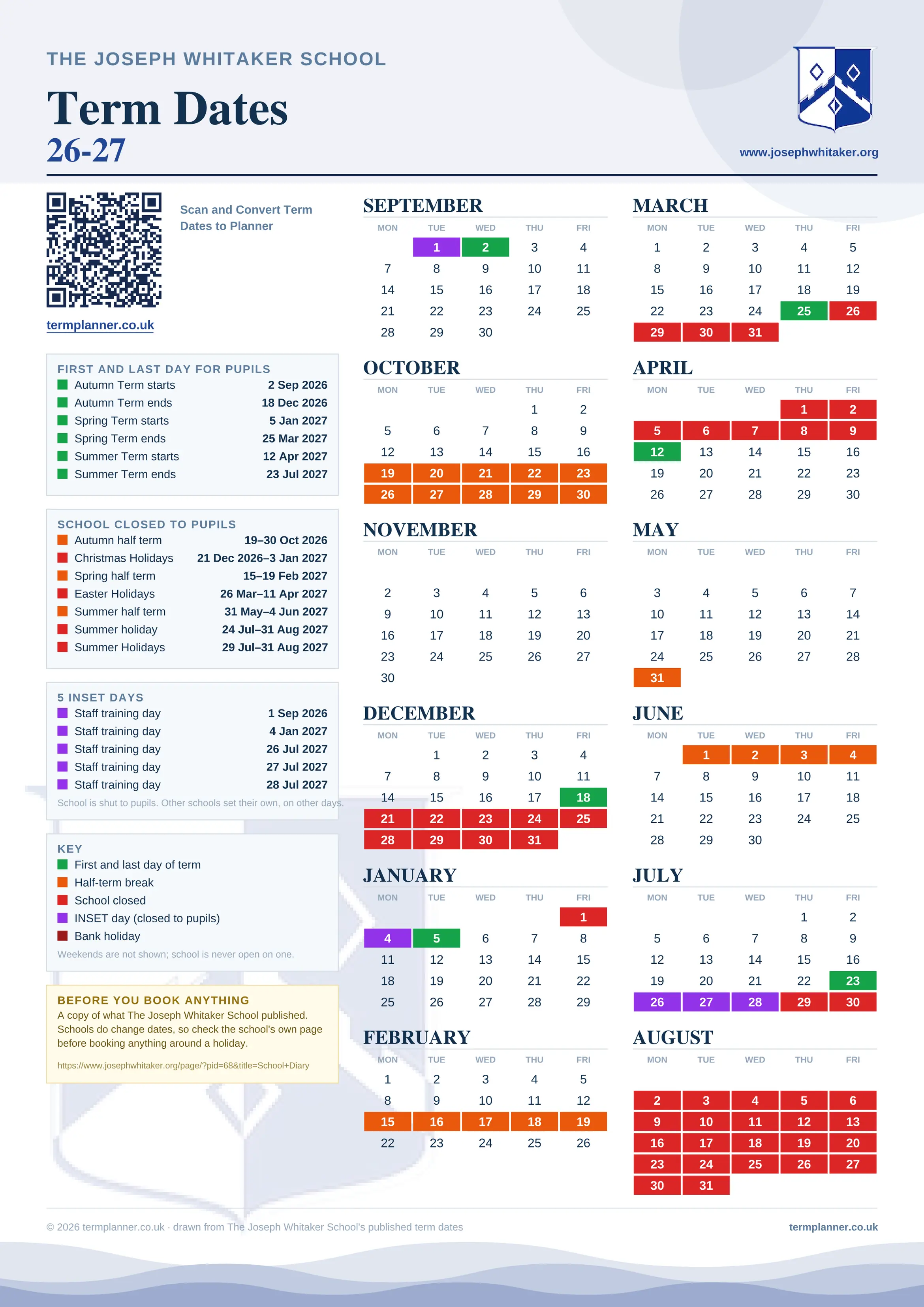The Joseph Whitaker School’s 2026/27 school year drawn as one sheet: twelve month grids from September to August, Monday to Friday, with autumn term 2 September to 18 December 2026, spring term 5 January to 25 March 2027, summer term 12 April to 23 July 2027. Half terms, holidays and bank holidays are filled in colour, the first and last day of each term is marked, 5 INSET days are picked out, and every date is listed again in words down the left.