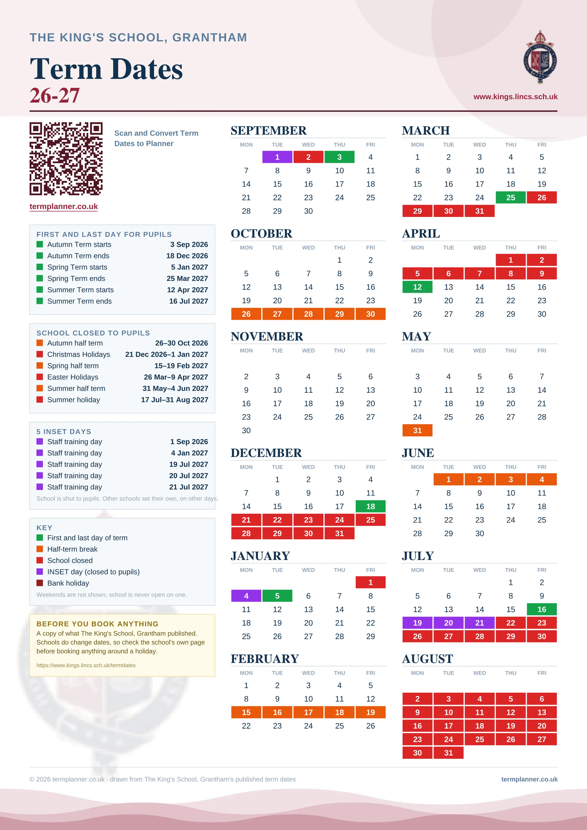 The King's School, Grantham’s 2026/27 school year drawn as one sheet: twelve month grids from September to August, Monday to Friday, with autumn term 3 September to 18 December 2026, spring term 5 January to 25 March 2027, summer term 12 April to 16 July 2027. Half terms, holidays and bank holidays are filled in colour, the first and last day of each term is marked, 5 INSET days are picked out, and every date is listed again in words down the left.