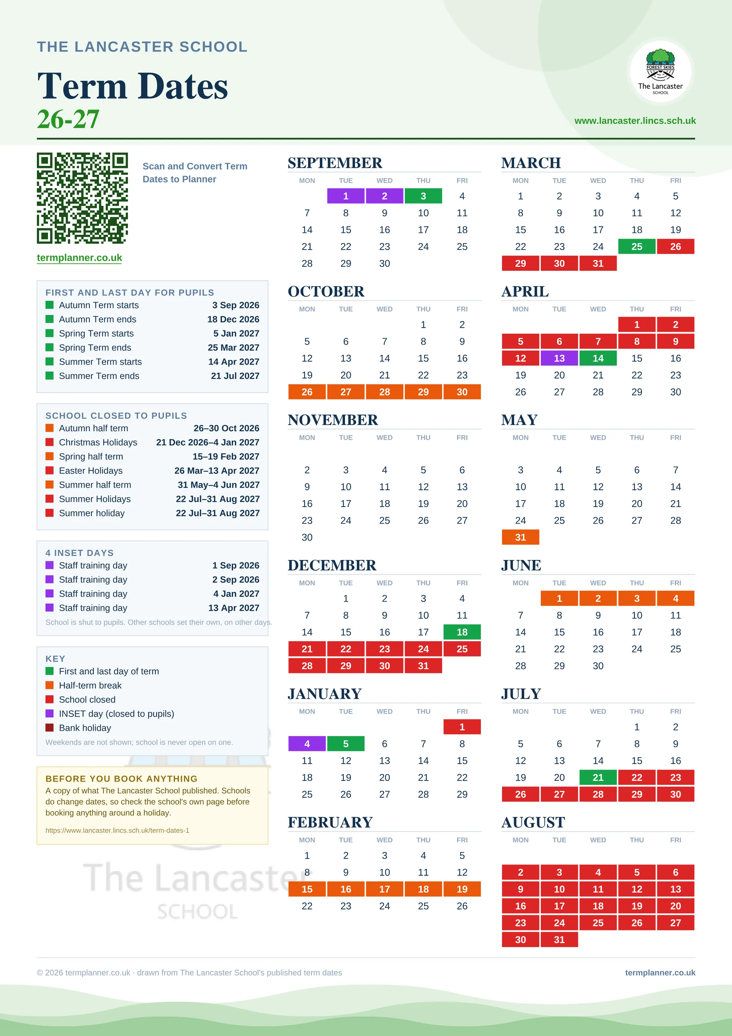 The Lancaster School’s 2026/27 school year drawn as one sheet: twelve month grids from September to August, Monday to Friday, with autumn term 3 September to 18 December 2026, spring term 5 January to 25 March 2027, summer term 14 April to 21 July 2027. Half terms, holidays and bank holidays are filled in colour, the first and last day of each term is marked, 4 INSET days are picked out, and every date is listed again in words down the left.
