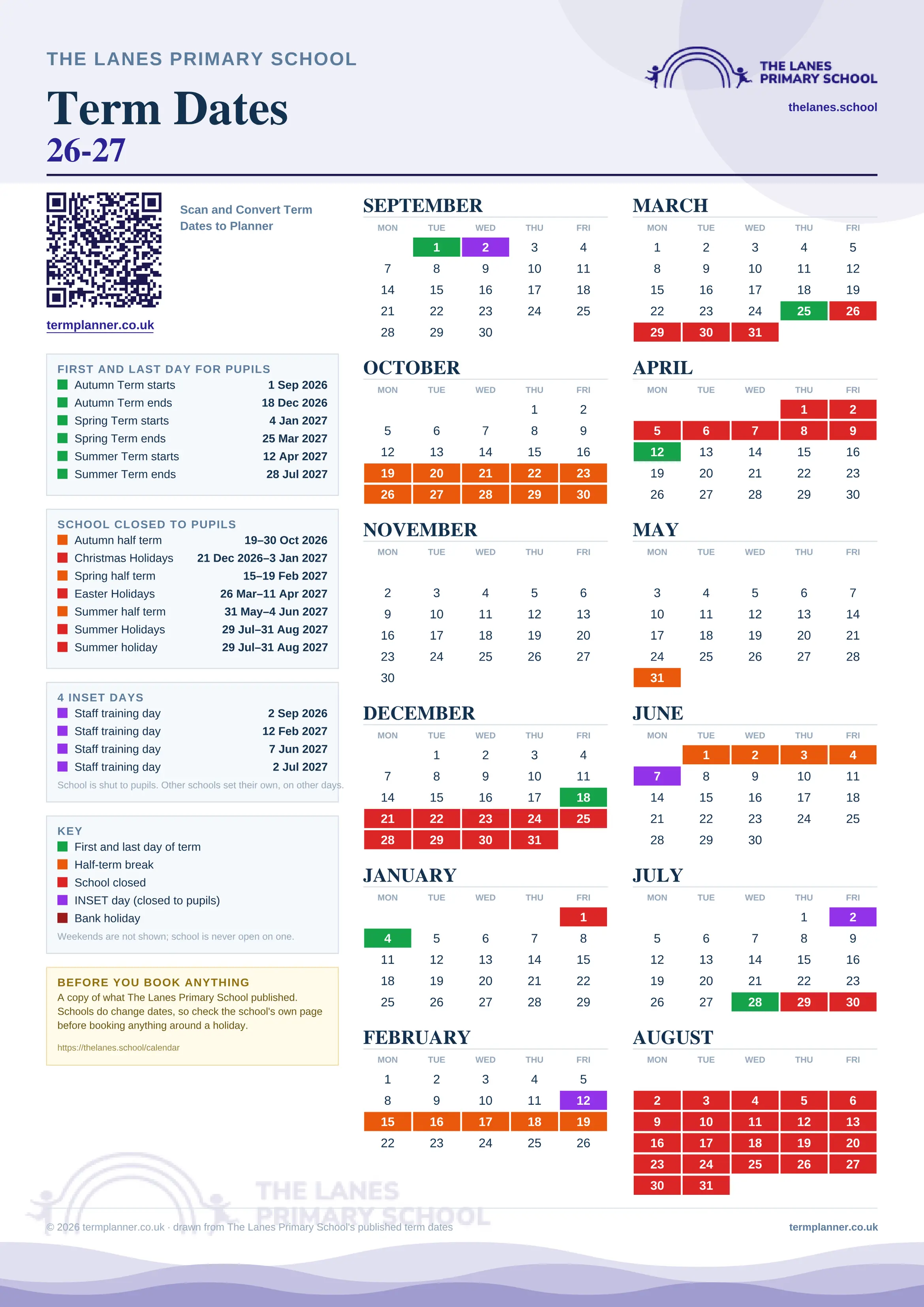 The Lanes Primary School’s 2026/27 school year drawn as one sheet: twelve month grids from September to August, Monday to Friday, with autumn term 1 September to 18 December 2026, spring term 4 January to 25 March 2027, summer term 12 April to 28 July 2027. Half terms, holidays and bank holidays are filled in colour, the first and last day of each term is marked, 4 INSET days are picked out, and every date is listed again in words down the left.