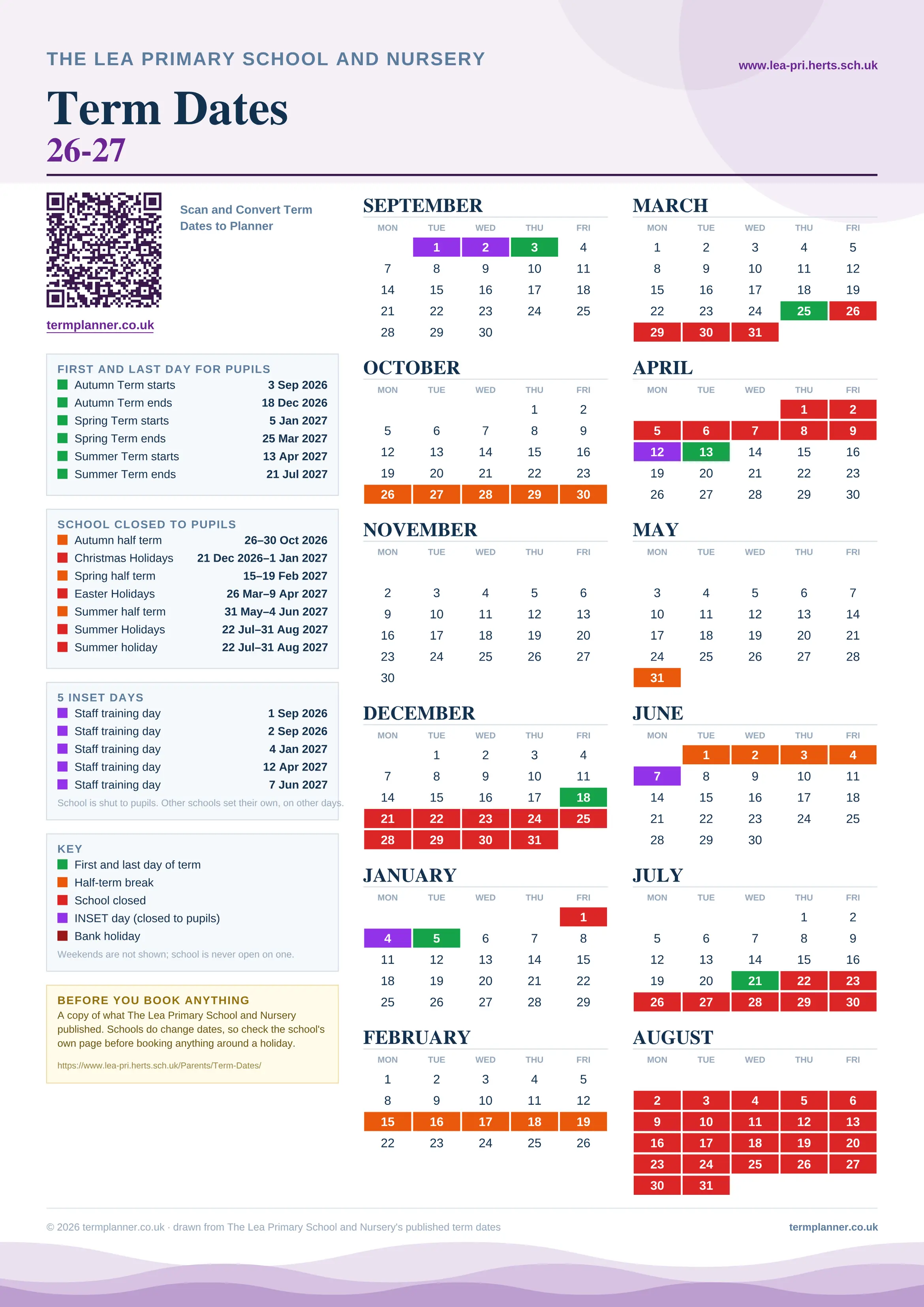 The Lea Primary School and Nursery’s 2026/27 school year drawn as one sheet: twelve month grids from September to August, Monday to Friday, with autumn term 3 September to 18 December 2026, spring term 5 January to 25 March 2027, summer term 13 April to 21 July 2027. Half terms, holidays and bank holidays are filled in colour, the first and last day of each term is marked, 5 INSET days are picked out, and every date is listed again in words down the left.