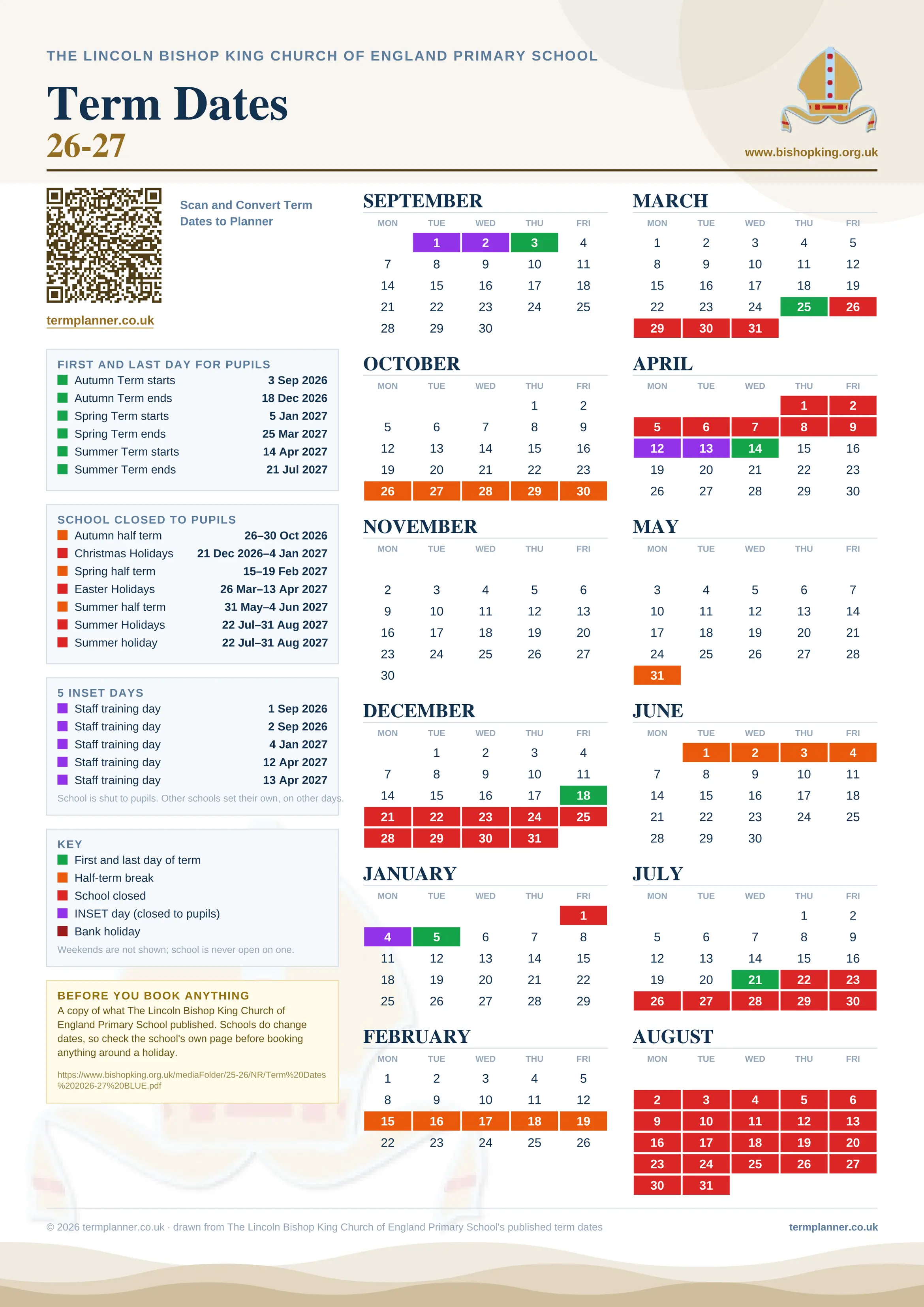 The Lincoln Bishop King Church of England Primary School’s 2026/27 school year drawn as one sheet: twelve month grids from September to August, Monday to Friday, with autumn term 3 September to 18 December 2026, spring term 5 January to 25 March 2027, summer term 14 April to 21 July 2027. Half terms, holidays and bank holidays are filled in colour, the first and last day of each term is marked, 5 INSET days are picked out, and every date is listed again in words down the left.