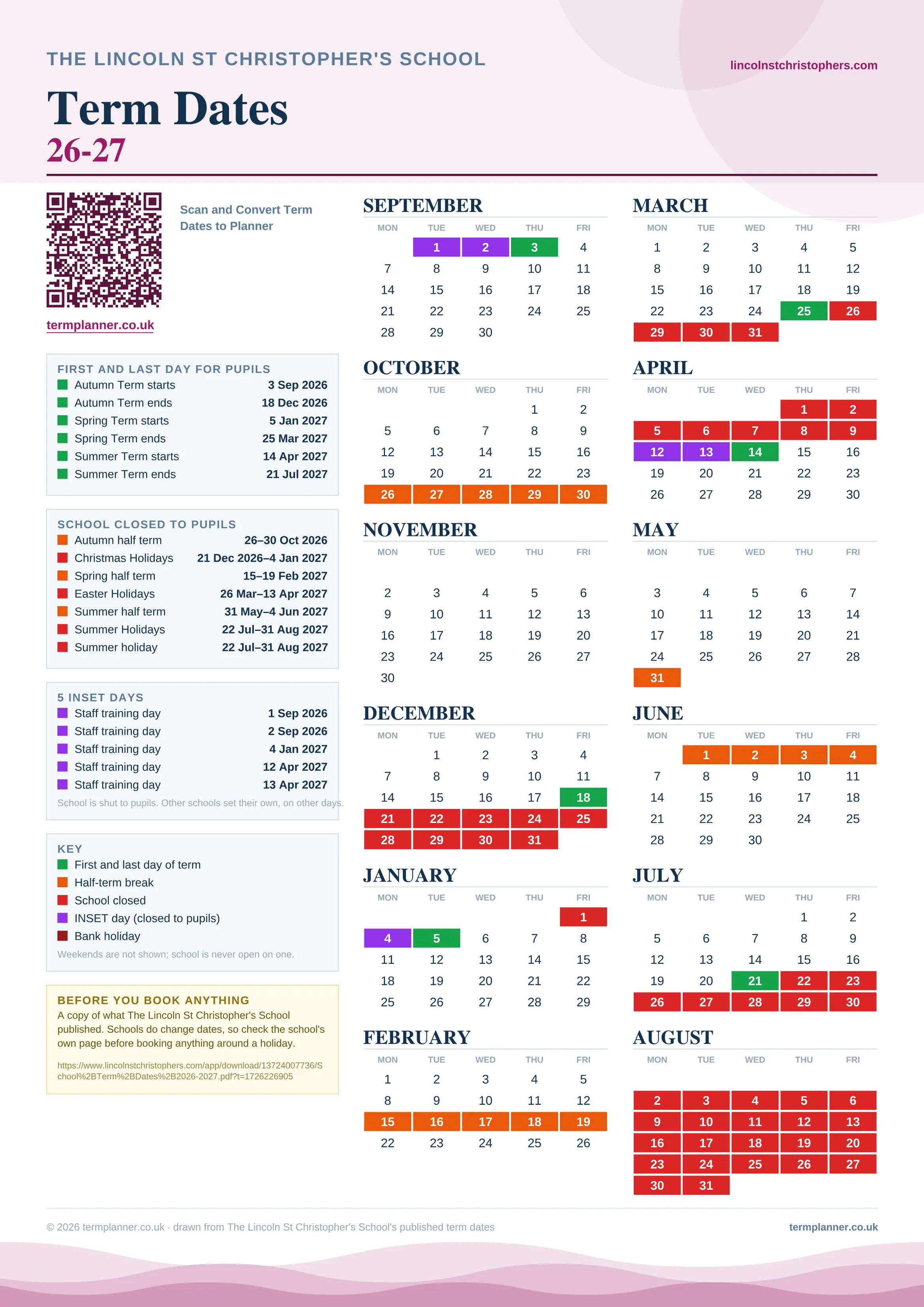 The Lincoln St Christopher's School’s 2026/27 school year drawn as one sheet: twelve month grids from September to August, Monday to Friday, with autumn term 3 September to 18 December 2026, spring term 5 January to 25 March 2027, summer term 14 April to 21 July 2027. Half terms, holidays and bank holidays are filled in colour, the first and last day of each term is marked, 5 INSET days are picked out, and every date is listed again in words down the left.