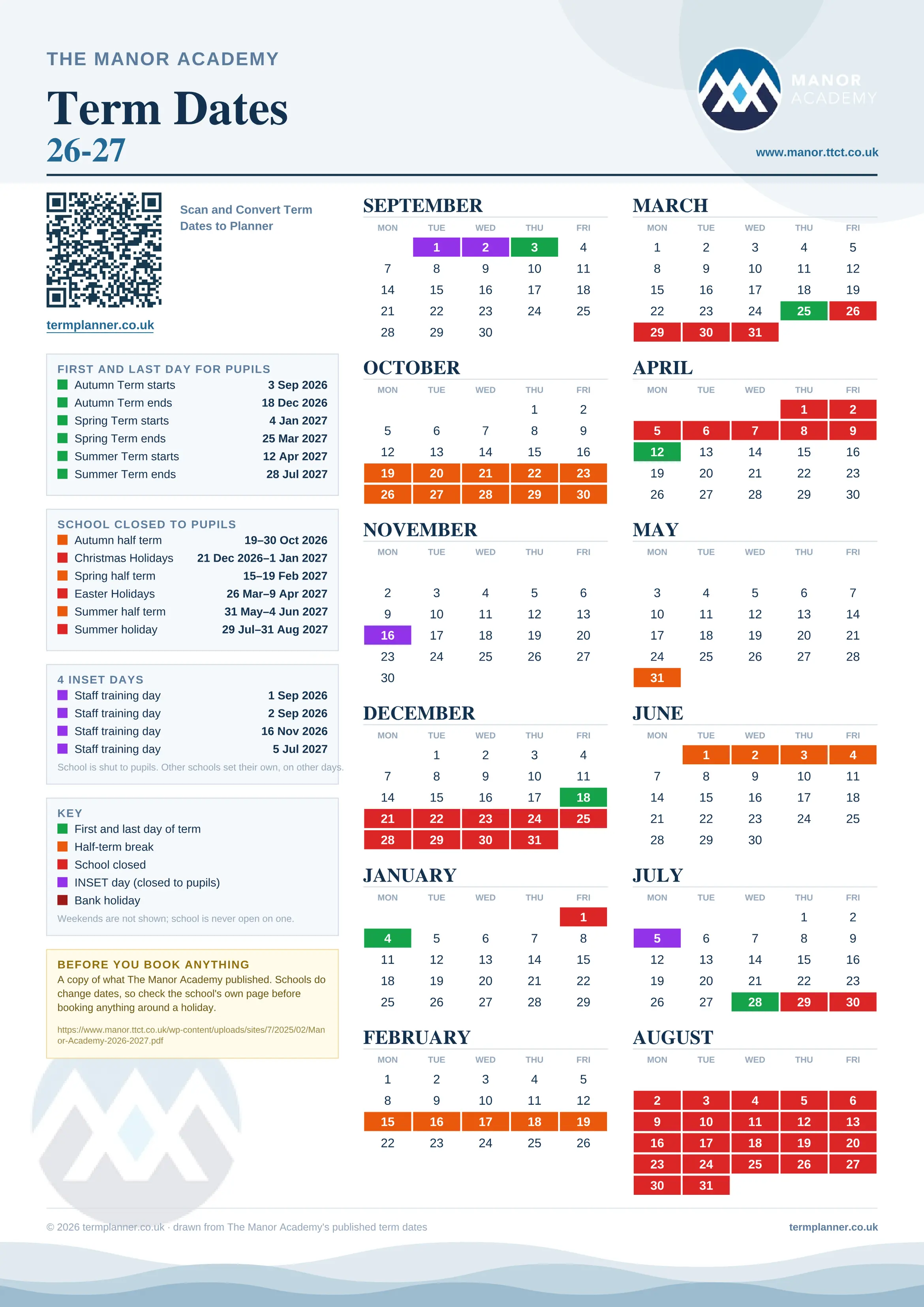 The Manor Academy’s 2026/27 school year drawn as one sheet: twelve month grids from September to August, Monday to Friday, with autumn term 3 September to 18 December 2026, spring term 4 January to 25 March 2027, summer term 12 April to 28 July 2027. Half terms, holidays and bank holidays are filled in colour, the first and last day of each term is marked, 4 INSET days are picked out, and every date is listed again in words down the left.
