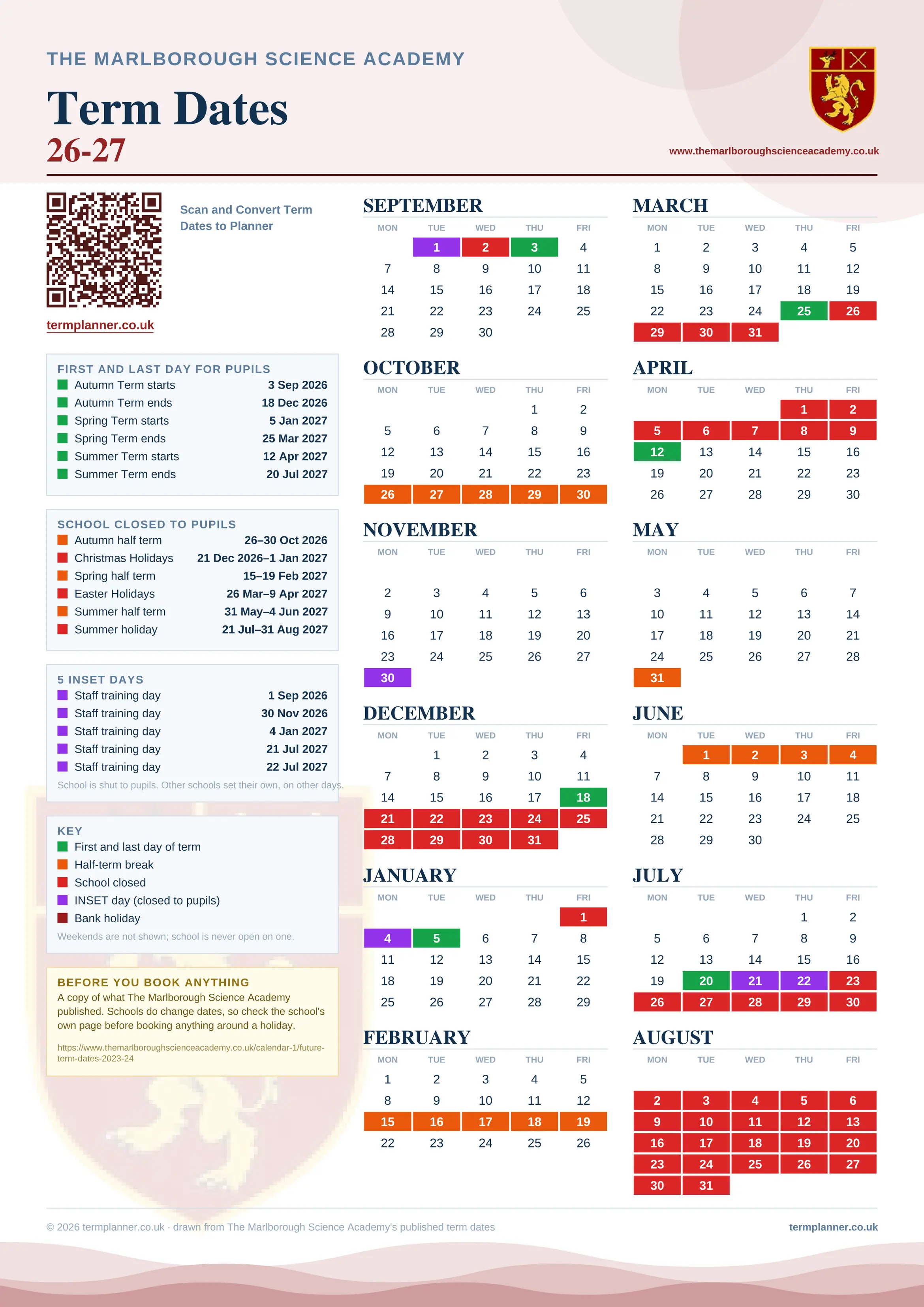 The Marlborough Science Academy’s 2026/27 school year drawn as one sheet: twelve month grids from September to August, Monday to Friday, with autumn term 3 September to 18 December 2026, spring term 5 January to 25 March 2027, summer term 12 April to 20 July 2027. Half terms, holidays and bank holidays are filled in colour, the first and last day of each term is marked, 5 INSET days are picked out, and every date is listed again in words down the left.