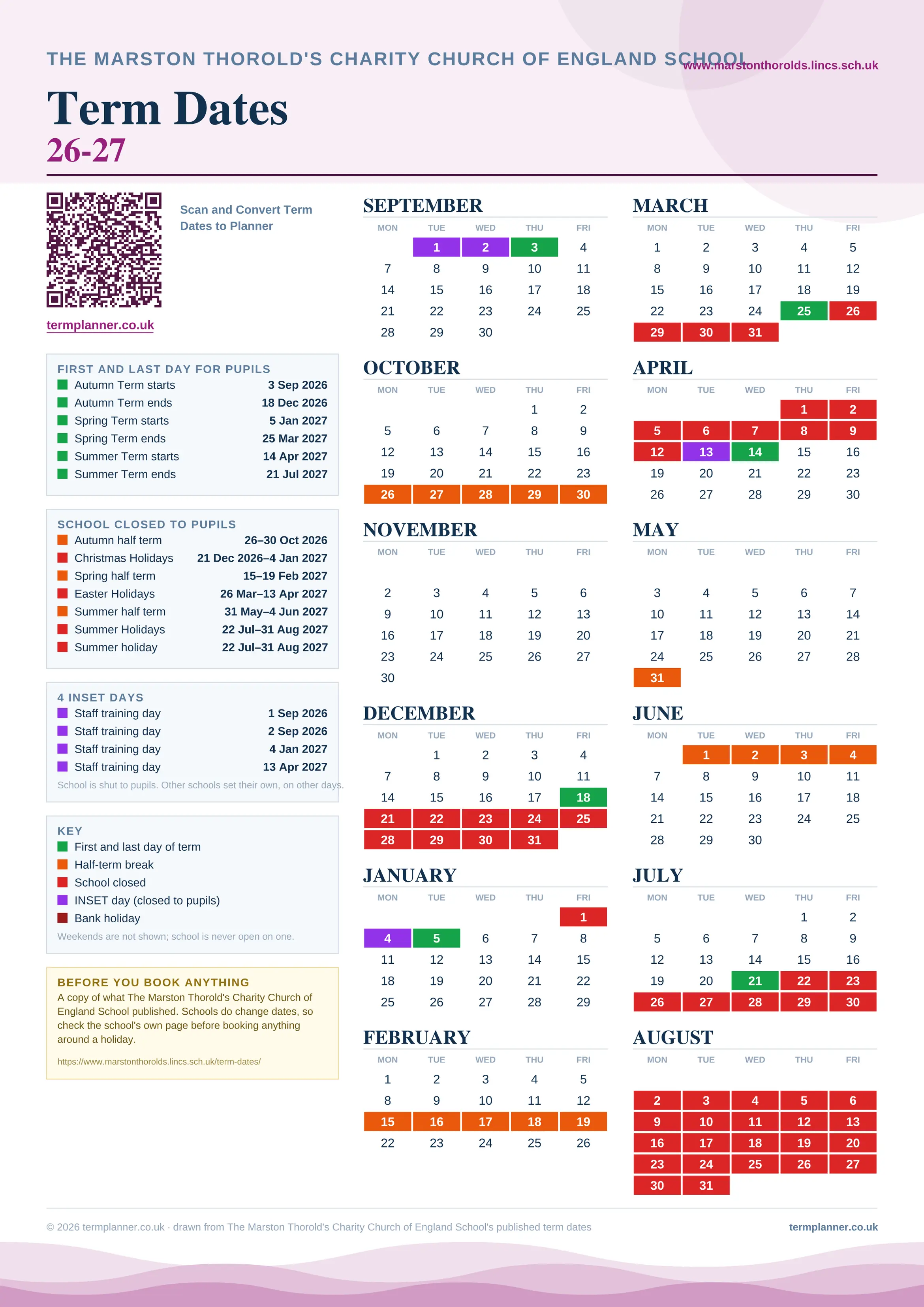 The Marston Thorold's Charity Church of England School’s 2026/27 school year drawn as one sheet: twelve month grids from September to August, Monday to Friday, with autumn term 3 September to 18 December 2026, spring term 5 January to 25 March 2027, summer term 14 April to 21 July 2027. Half terms, holidays and bank holidays are filled in colour, the first and last day of each term is marked, 4 INSET days are picked out, and every date is listed again in words down the left.