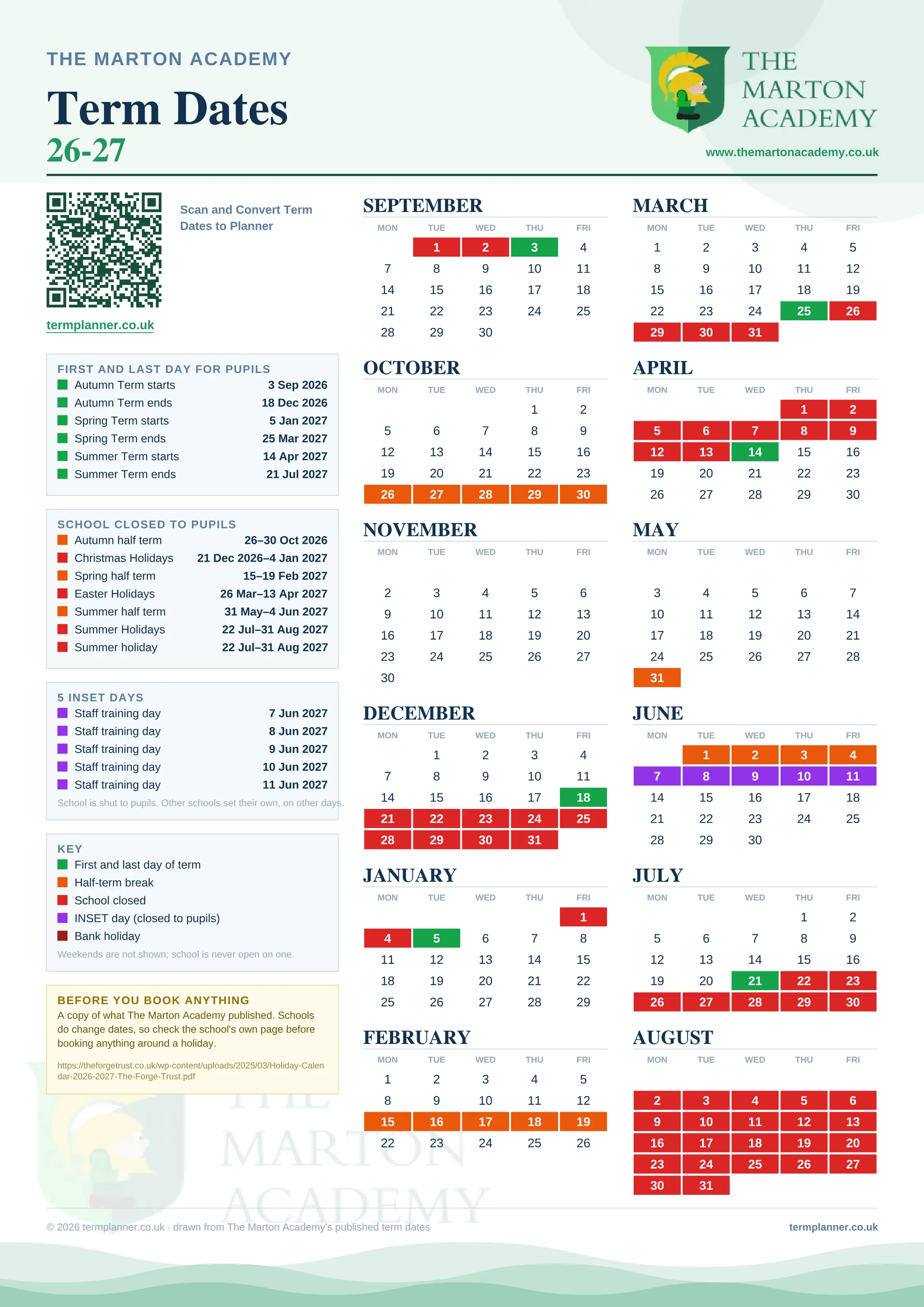 The Marton Academy’s 2026/27 school year drawn as one sheet: twelve month grids from September to August, Monday to Friday, with autumn term 3 September to 18 December 2026, spring term 5 January to 25 March 2027, summer term 14 April to 21 July 2027. Half terms, holidays and bank holidays are filled in colour, the first and last day of each term is marked, 5 INSET days are picked out, and every date is listed again in words down the left.