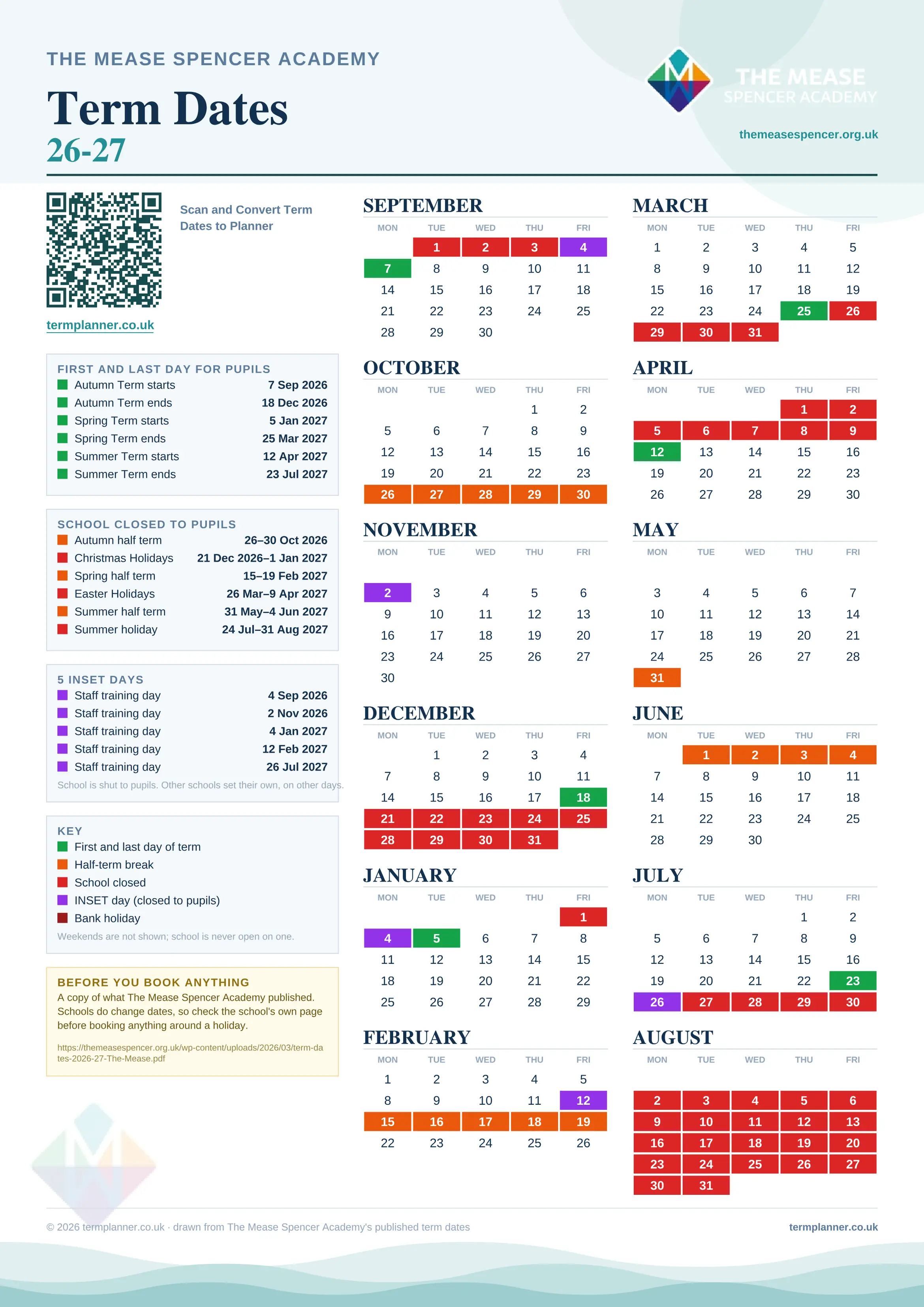 The Mease Spencer Academy’s 2026/27 school year drawn as one sheet: twelve month grids from September to August, Monday to Friday, with autumn term 7 September to 18 December 2026, spring term 5 January to 25 March 2027, summer term 12 April to 23 July 2027. Half terms, holidays and bank holidays are filled in colour, the first and last day of each term is marked, 5 INSET days are picked out, and every date is listed again in words down the left.