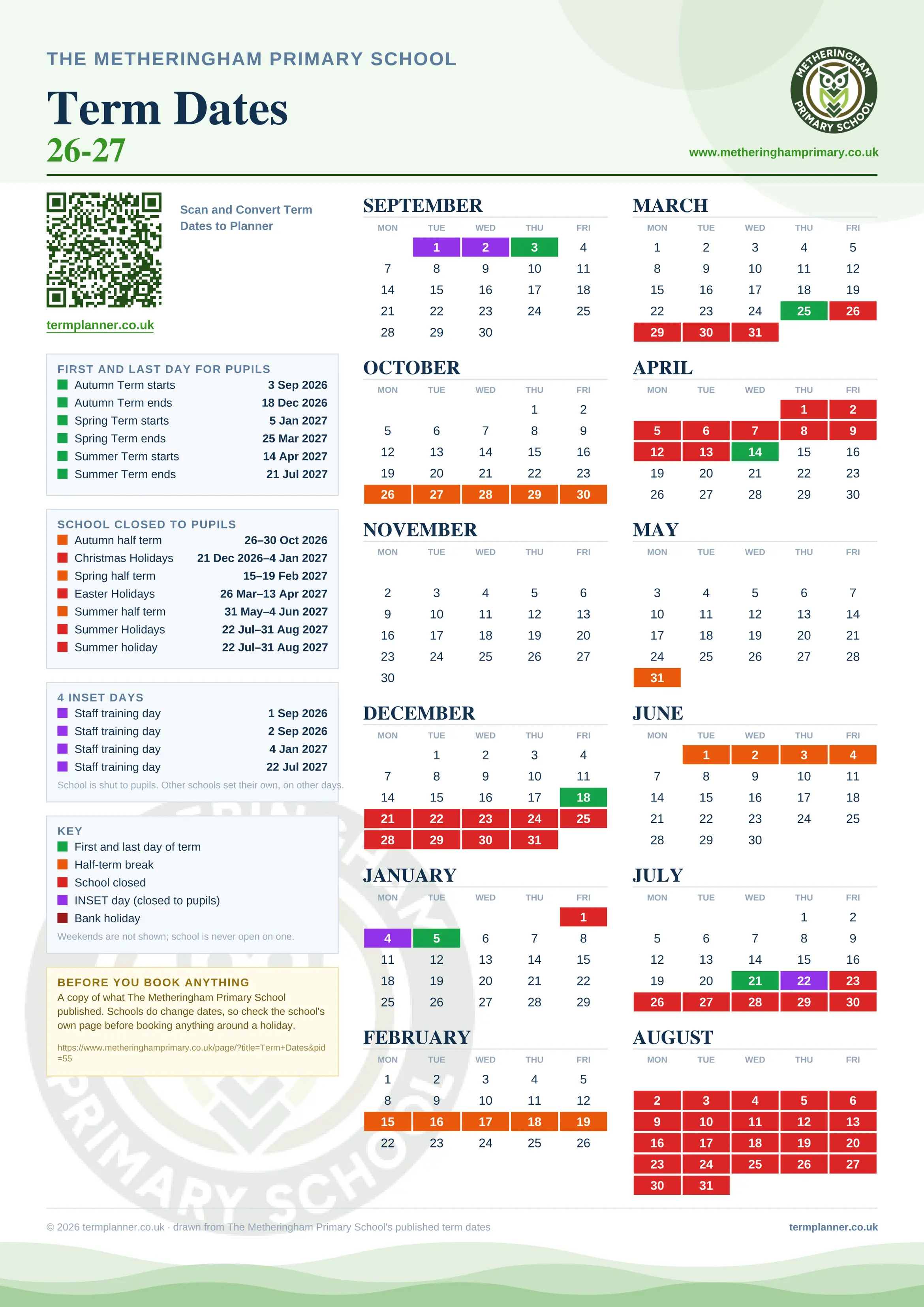 The Metheringham Primary School’s 2026/27 school year drawn as one sheet: twelve month grids from September to August, Monday to Friday, with autumn term 3 September to 18 December 2026, spring term 5 January to 25 March 2027, summer term 14 April to 21 July 2027. Half terms, holidays and bank holidays are filled in colour, the first and last day of each term is marked, 4 INSET days are picked out, and every date is listed again in words down the left.