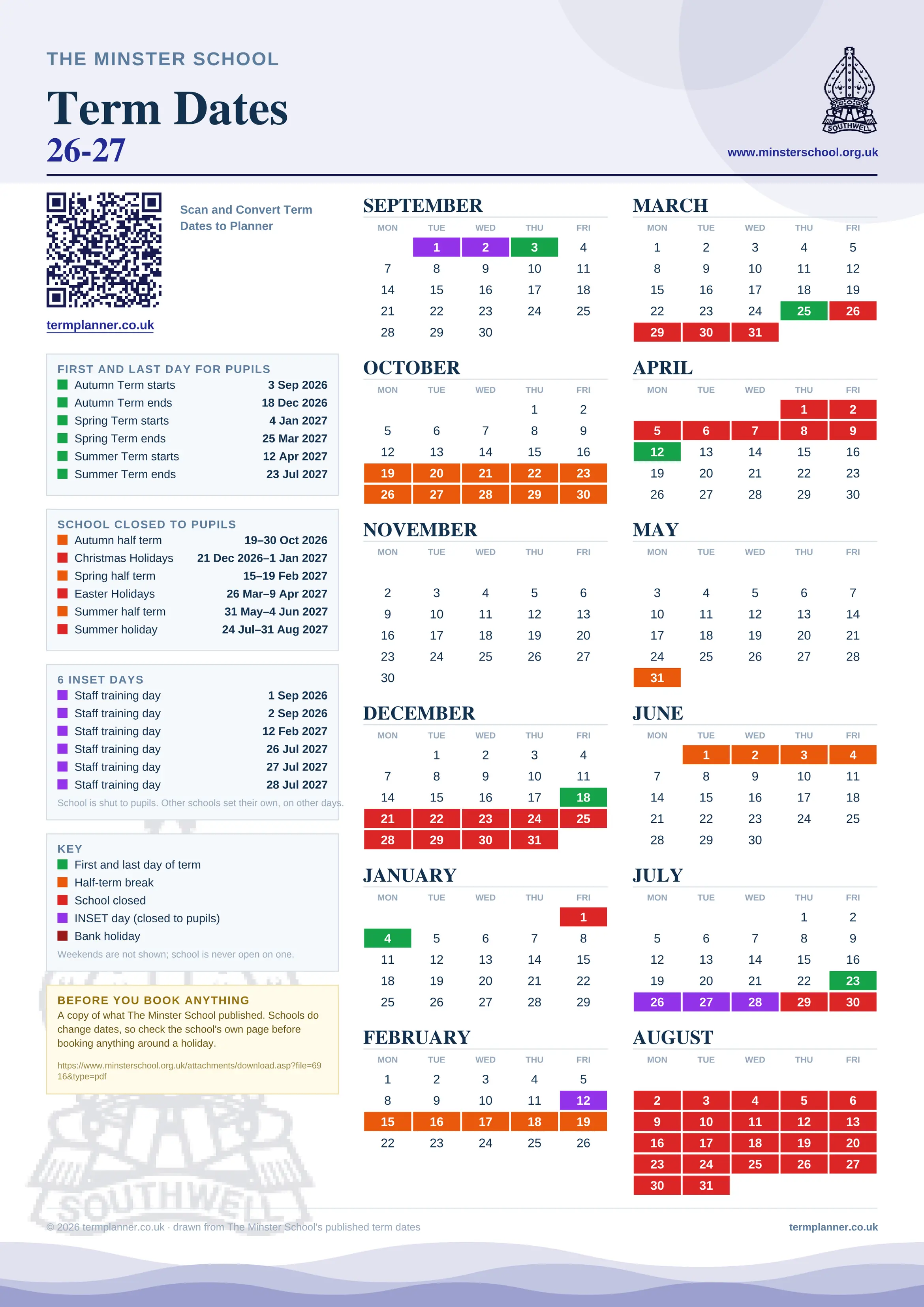 The Minster School’s 2026/27 school year drawn as one sheet: twelve month grids from September to August, Monday to Friday, with autumn term 3 September to 18 December 2026, spring term 4 January to 25 March 2027, summer term 12 April to 23 July 2027. Half terms, holidays and bank holidays are filled in colour, the first and last day of each term is marked, 6 INSET days are picked out, and every date is listed again in words down the left.