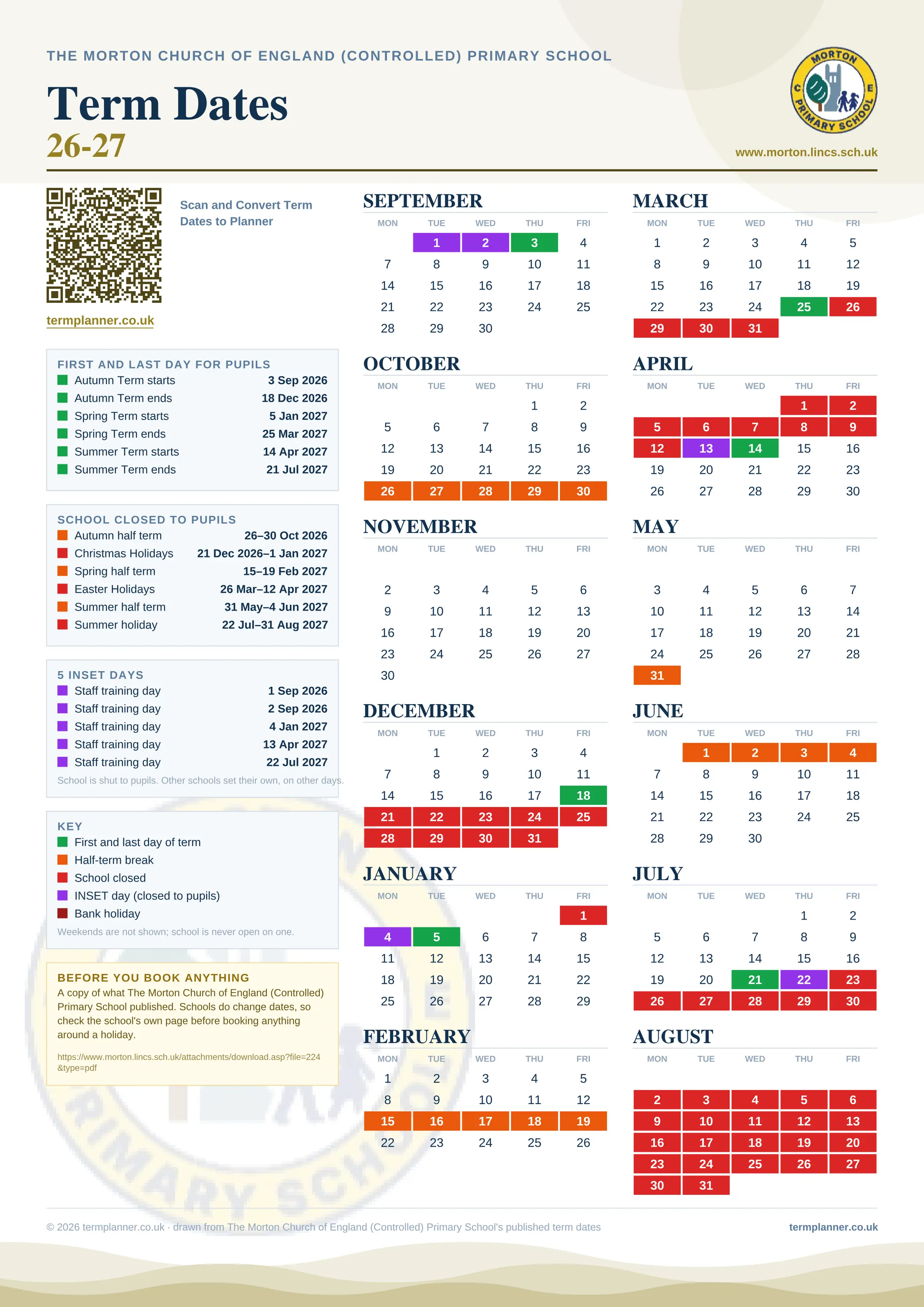 The Morton Church of England (Controlled) Primary School’s 2026/27 school year drawn as one sheet: twelve month grids from September to August, Monday to Friday, with autumn term 3 September to 18 December 2026, spring term 5 January to 25 March 2027, summer term 14 April to 21 July 2027. Half terms, holidays and bank holidays are filled in colour, the first and last day of each term is marked, 5 INSET days are picked out, and every date is listed again in words down the left.