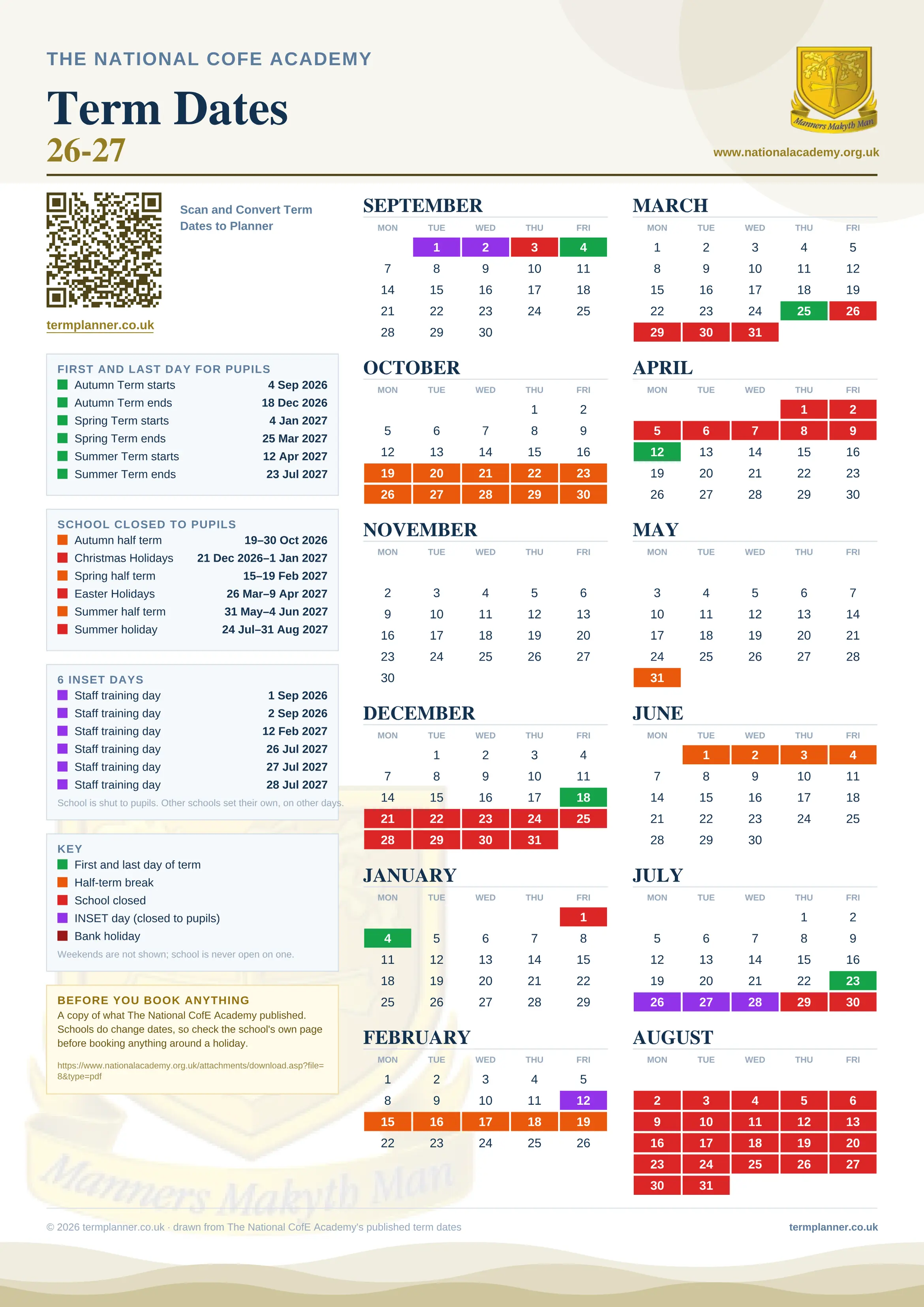 The National CofE Academy’s 2026/27 school year drawn as one sheet: twelve month grids from September to August, Monday to Friday, with autumn term 4 September to 18 December 2026, spring term 4 January to 25 March 2027, summer term 12 April to 23 July 2027. Half terms, holidays and bank holidays are filled in colour, the first and last day of each term is marked, 6 INSET days are picked out, and every date is listed again in words down the left.
