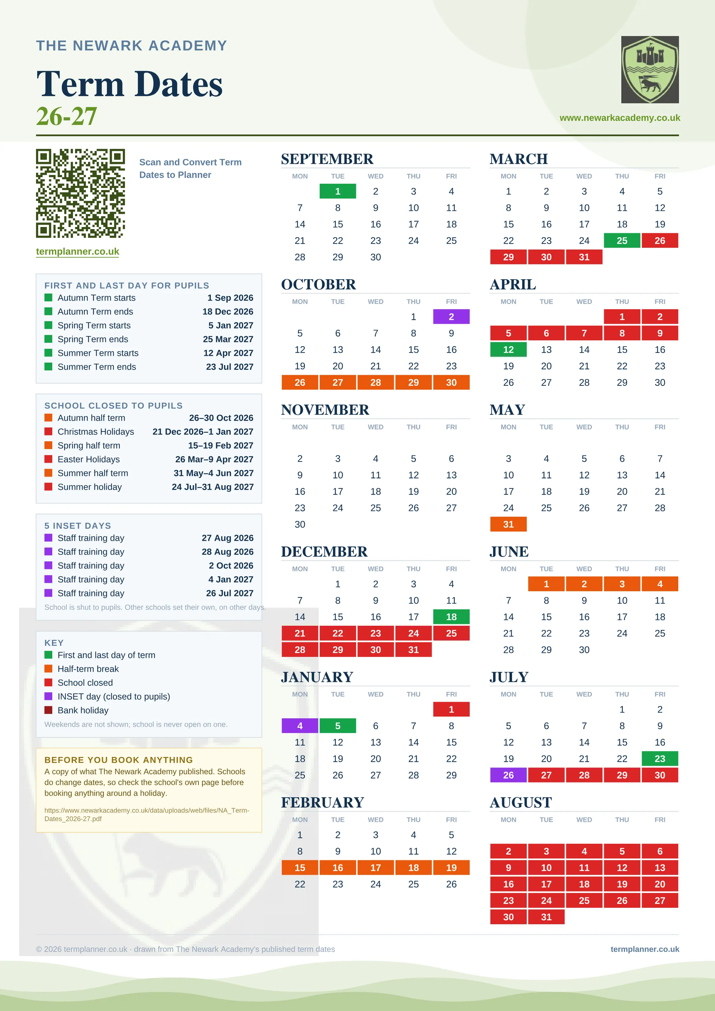 The Newark Academy’s 2026/27 school year drawn as one sheet: twelve month grids from September to August, Monday to Friday, with autumn term 1 September to 18 December 2026, spring term 5 January to 25 March 2027, summer term 12 April to 23 July 2027. Half terms, holidays and bank holidays are filled in colour, the first and last day of each term is marked, 5 INSET days are picked out, and every date is listed again in words down the left.