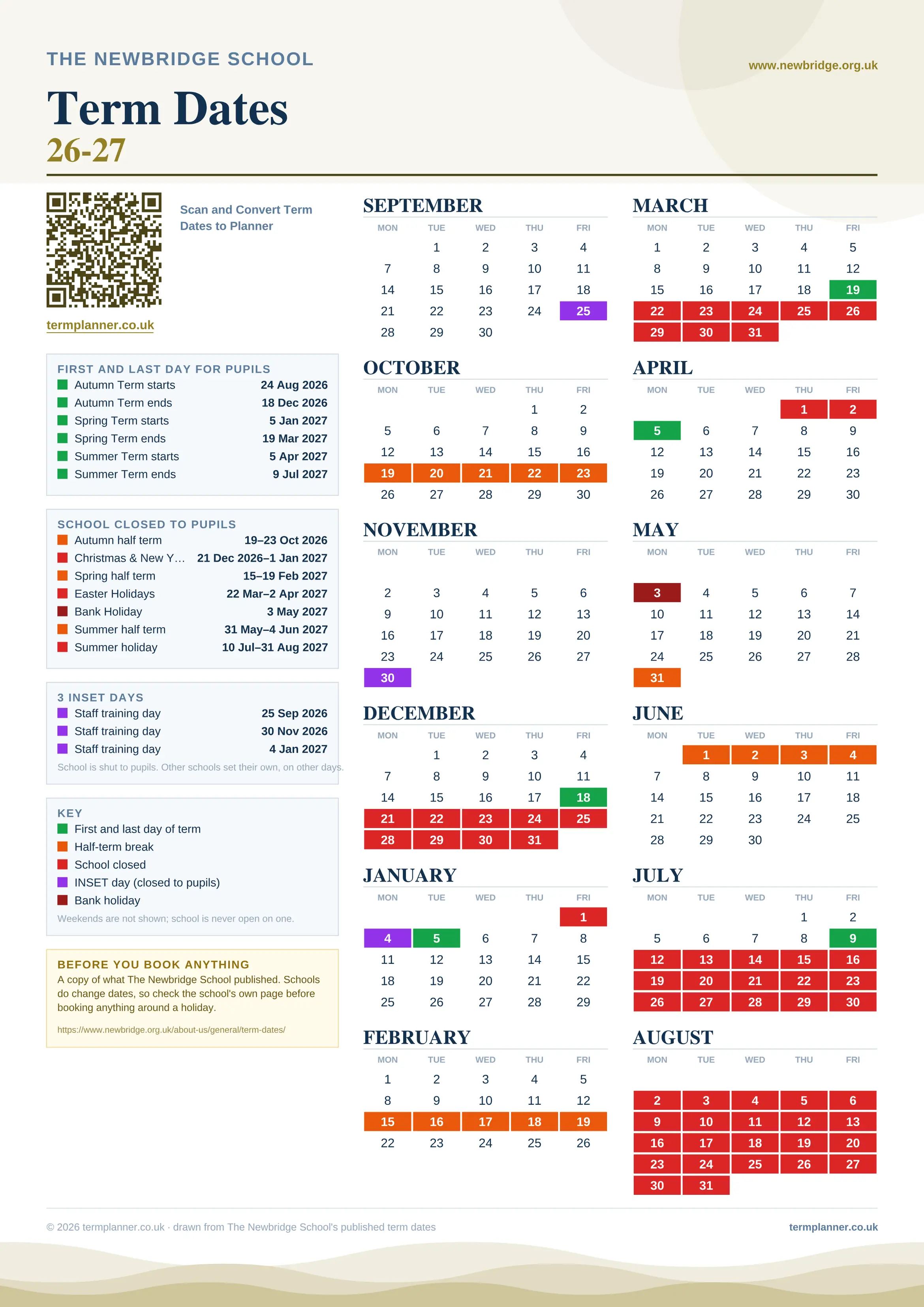 The Newbridge School’s 2026/27 school year drawn as one sheet: twelve month grids from September to August, Monday to Friday, with autumn term 24 August to 18 December 2026, spring term 5 January to 19 March 2027, summer term 5 April to 9 July 2027. Half terms, holidays and bank holidays are filled in colour, the first and last day of each term is marked, 3 INSET days are picked out, and every date is listed again in words down the left.