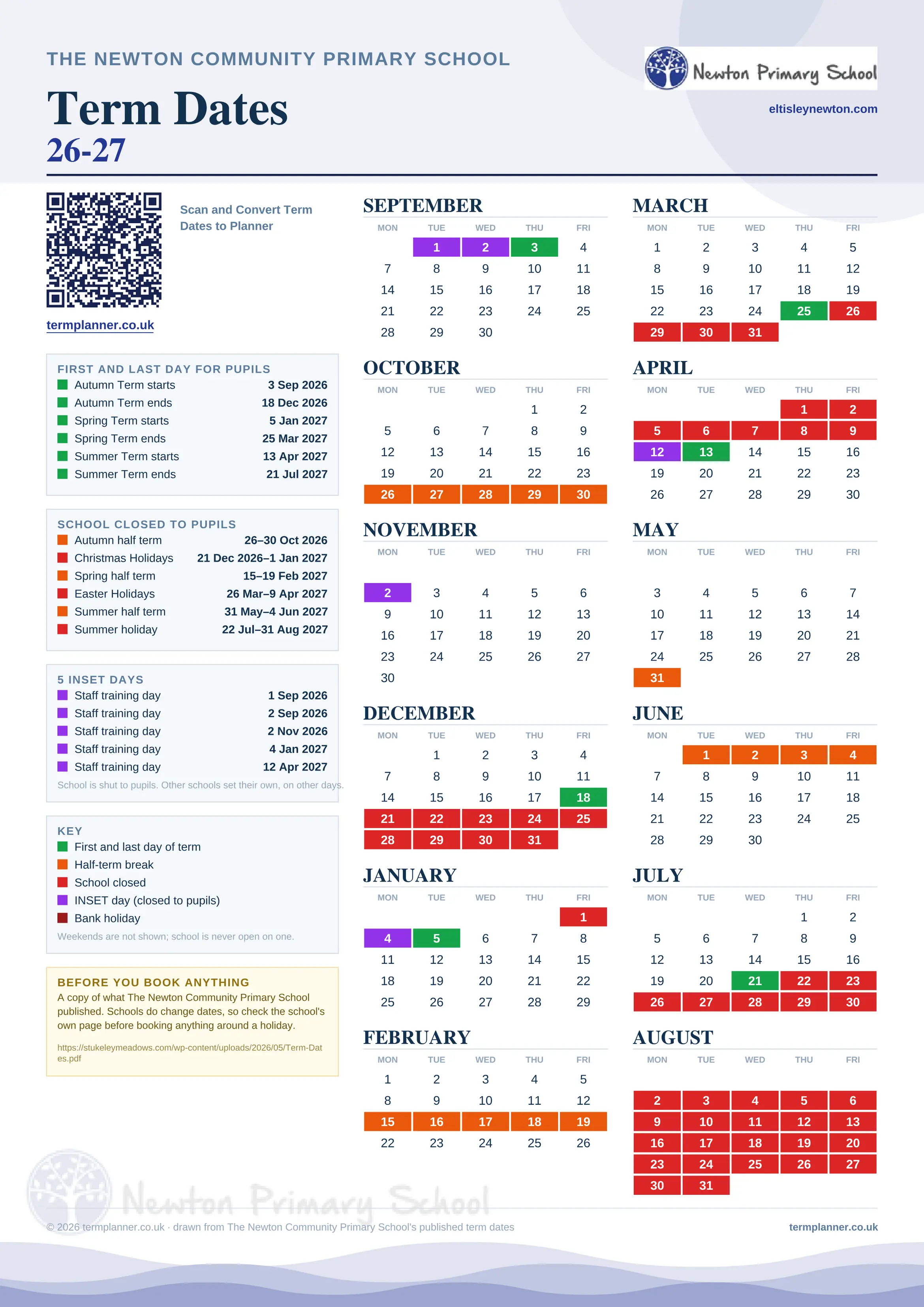 The Newton Community Primary School’s 2026/27 school year drawn as one sheet: twelve month grids from September to August, Monday to Friday, with autumn term 3 September to 18 December 2026, spring term 5 January to 25 March 2027, summer term 13 April to 21 July 2027. Half terms, holidays and bank holidays are filled in colour, the first and last day of each term is marked, 5 INSET days are picked out, and every date is listed again in words down the left.