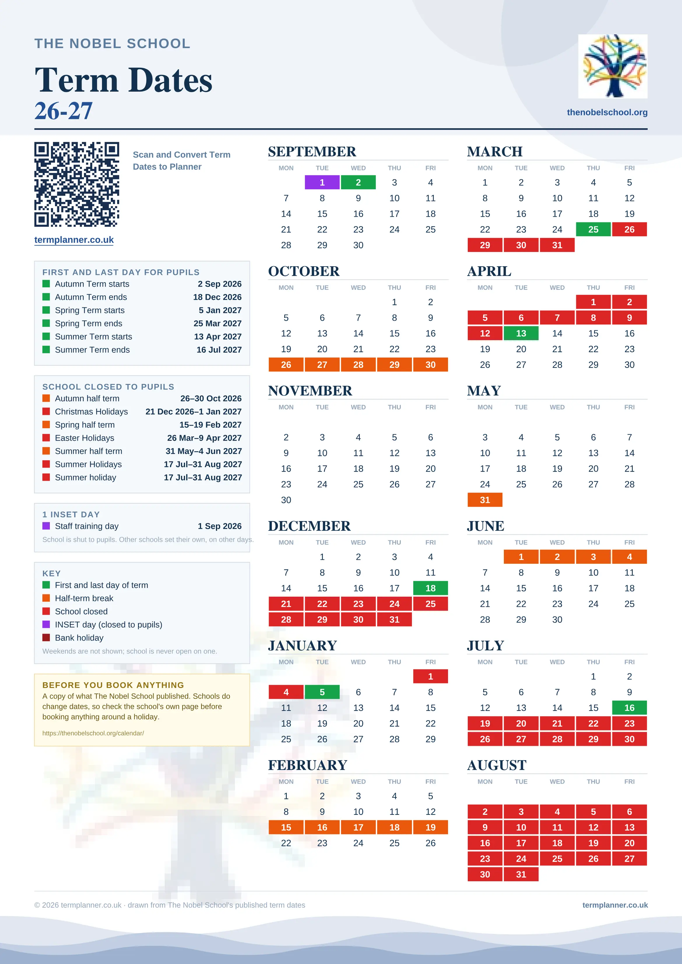 The Nobel School’s 2026/27 school year drawn as one sheet: twelve month grids from September to August, Monday to Friday, with autumn term 2 September to 18 December 2026, spring term 5 January to 25 March 2027, summer term 13 April to 16 July 2027. Half terms, holidays and bank holidays are filled in colour, the first and last day of each term is marked, 1 INSET day is picked out, and every date is listed again in words down the left.