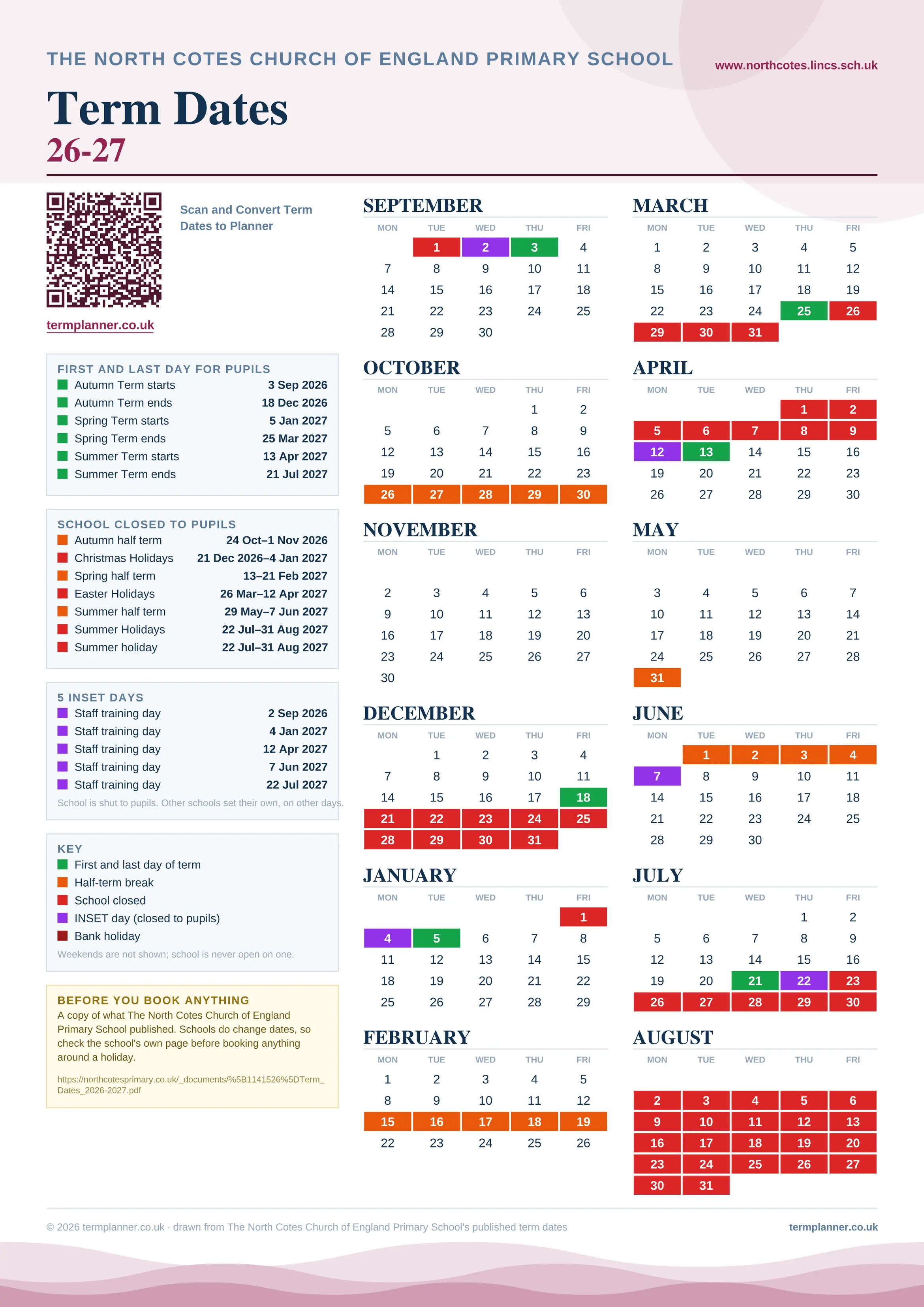 The North Cotes Church of England Primary School’s 2026/27 school year drawn as one sheet: twelve month grids from September to August, Monday to Friday, with autumn term 3 September to 18 December 2026, spring term 5 January to 25 March 2027, summer term 13 April to 21 July 2027. Half terms, holidays and bank holidays are filled in colour, the first and last day of each term is marked, 5 INSET days are picked out, and every date is listed again in words down the left.