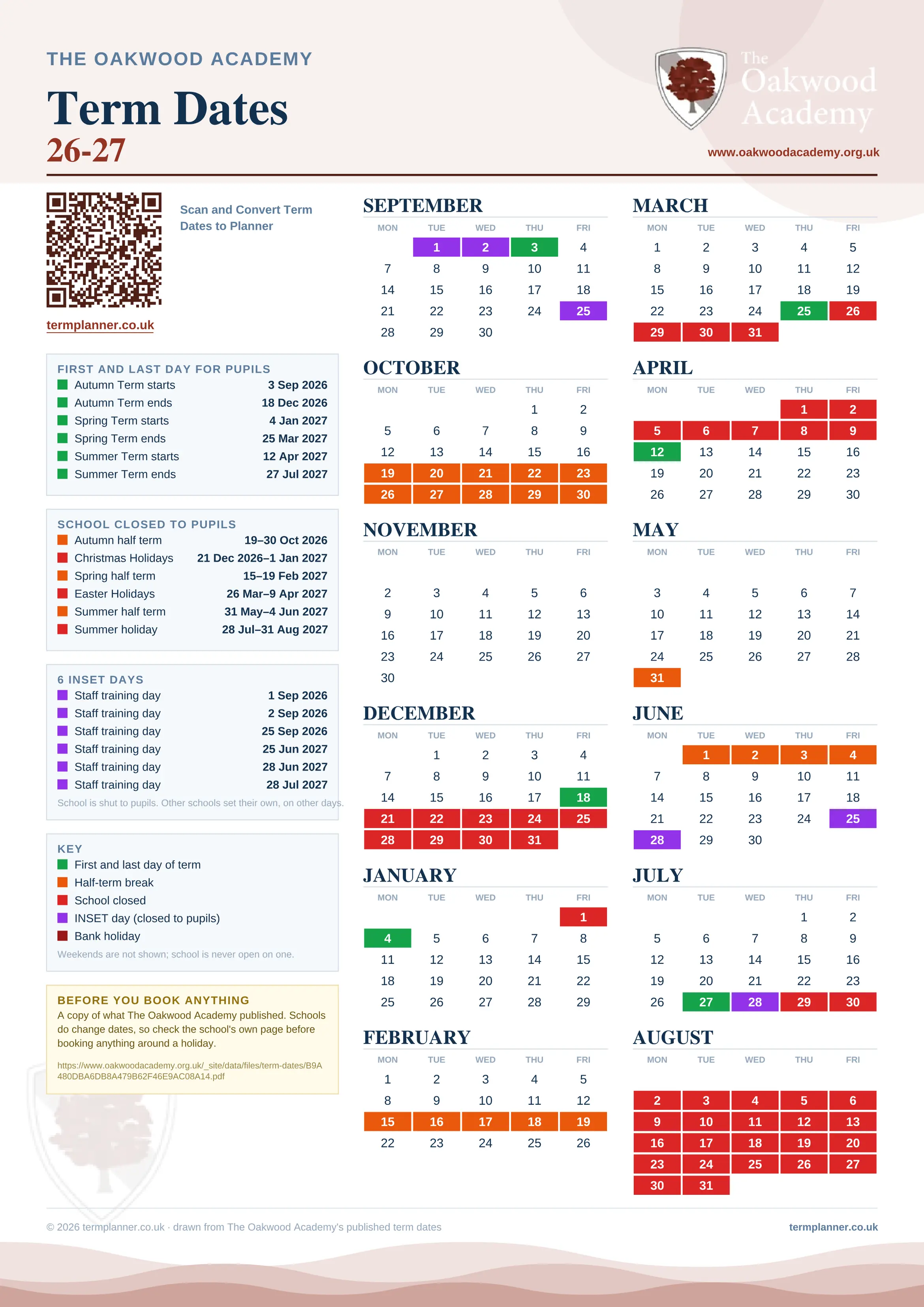 The Oakwood Academy’s 2026/27 school year drawn as one sheet: twelve month grids from September to August, Monday to Friday, with autumn term 3 September to 18 December 2026, spring term 4 January to 25 March 2027, summer term 12 April to 27 July 2027. Half terms, holidays and bank holidays are filled in colour, the first and last day of each term is marked, 6 INSET days are picked out, and every date is listed again in words down the left.