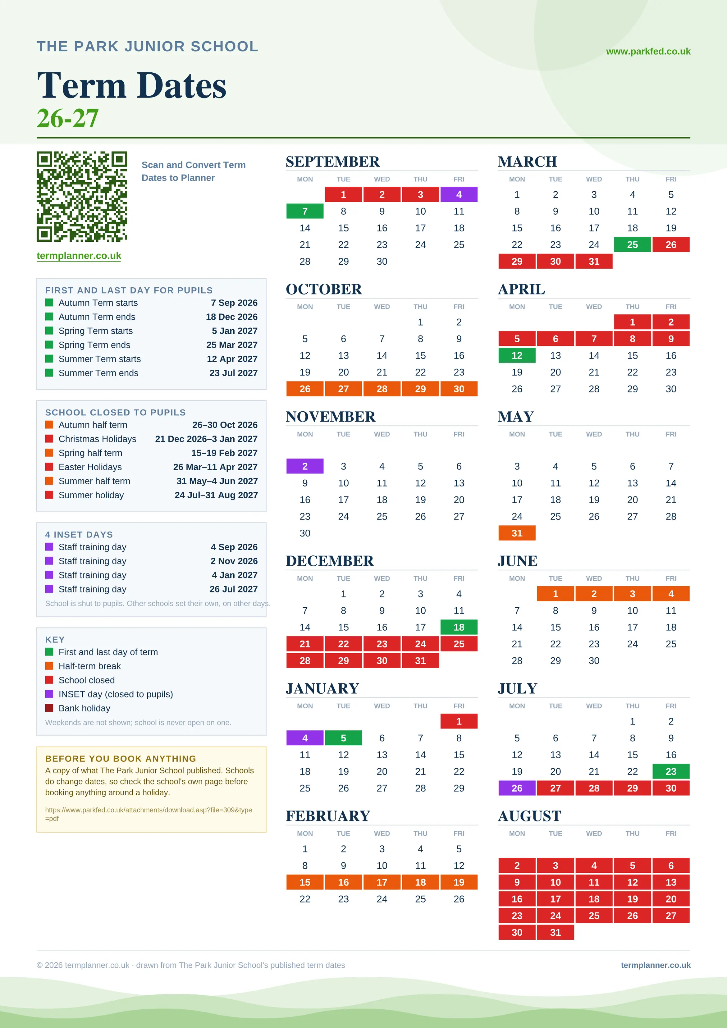 The Park Junior School’s 2026/27 school year drawn as one sheet: twelve month grids from September to August, Monday to Friday, with autumn term 7 September to 18 December 2026, spring term 5 January to 25 March 2027, summer term 12 April to 23 July 2027. Half terms, holidays and bank holidays are filled in colour, the first and last day of each term is marked, 4 INSET days are picked out, and every date is listed again in words down the left.