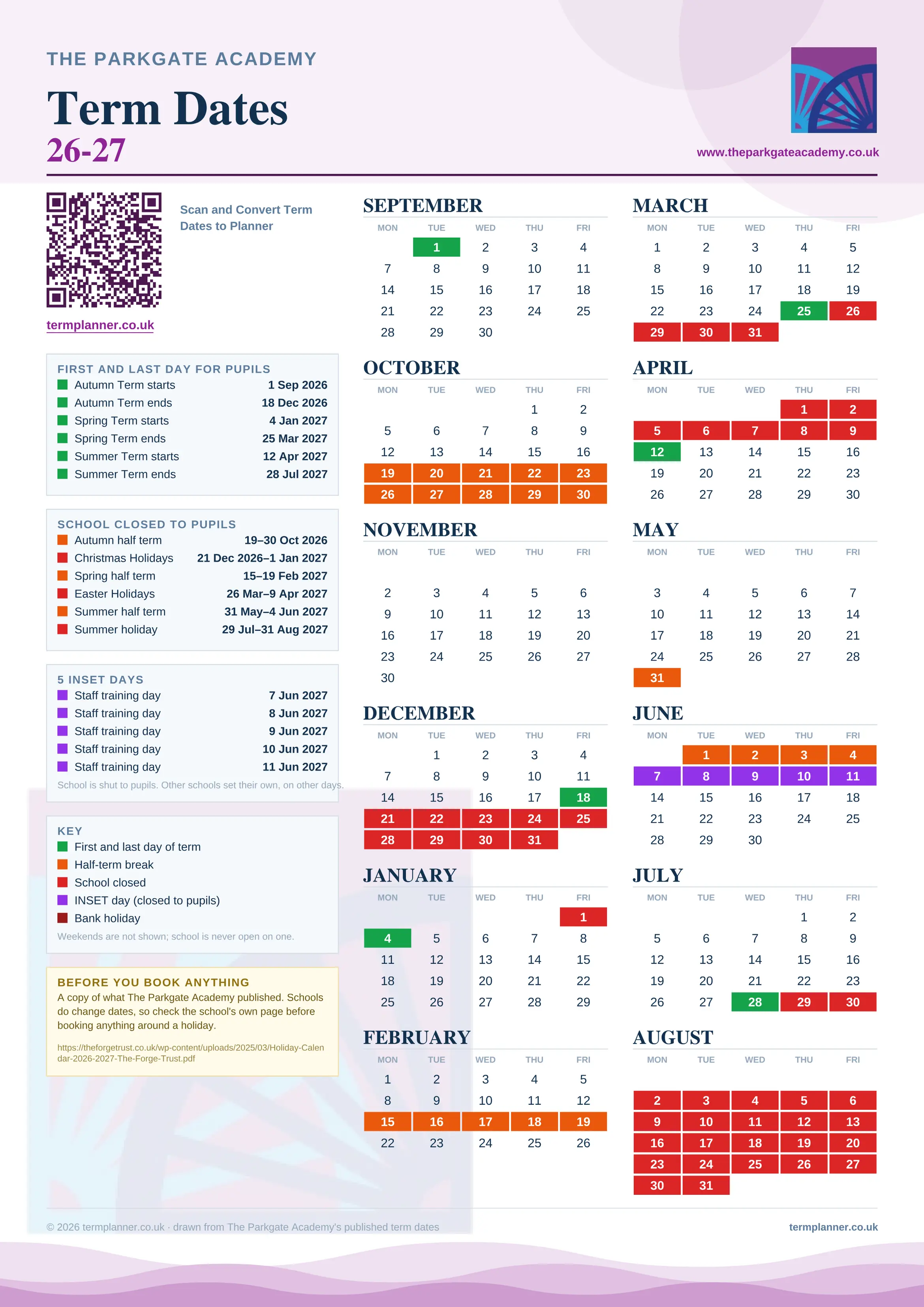 The Parkgate Academy’s 2026/27 school year drawn as one sheet: twelve month grids from September to August, Monday to Friday, with autumn term 1 September to 18 December 2026, spring term 4 January to 25 March 2027, summer term 12 April to 28 July 2027. Half terms, holidays and bank holidays are filled in colour, the first and last day of each term is marked, 5 INSET days are picked out, and every date is listed again in words down the left.