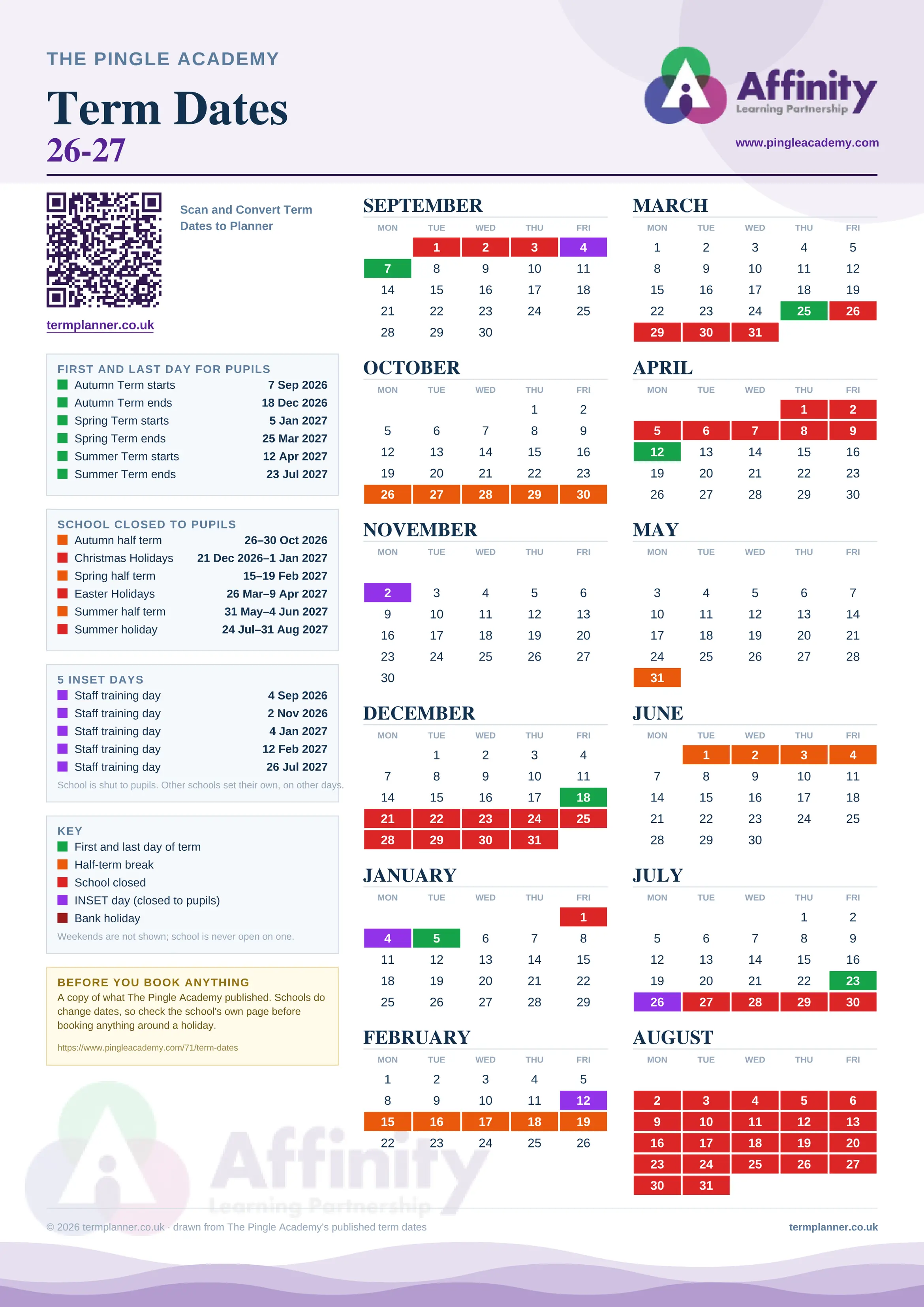 The Pingle Academy’s 2026/27 school year drawn as one sheet: twelve month grids from September to August, Monday to Friday, with autumn term 7 September to 18 December 2026, spring term 5 January to 25 March 2027, summer term 12 April to 23 July 2027. Half terms, holidays and bank holidays are filled in colour, the first and last day of each term is marked, 5 INSET days are picked out, and every date is listed again in words down the left.