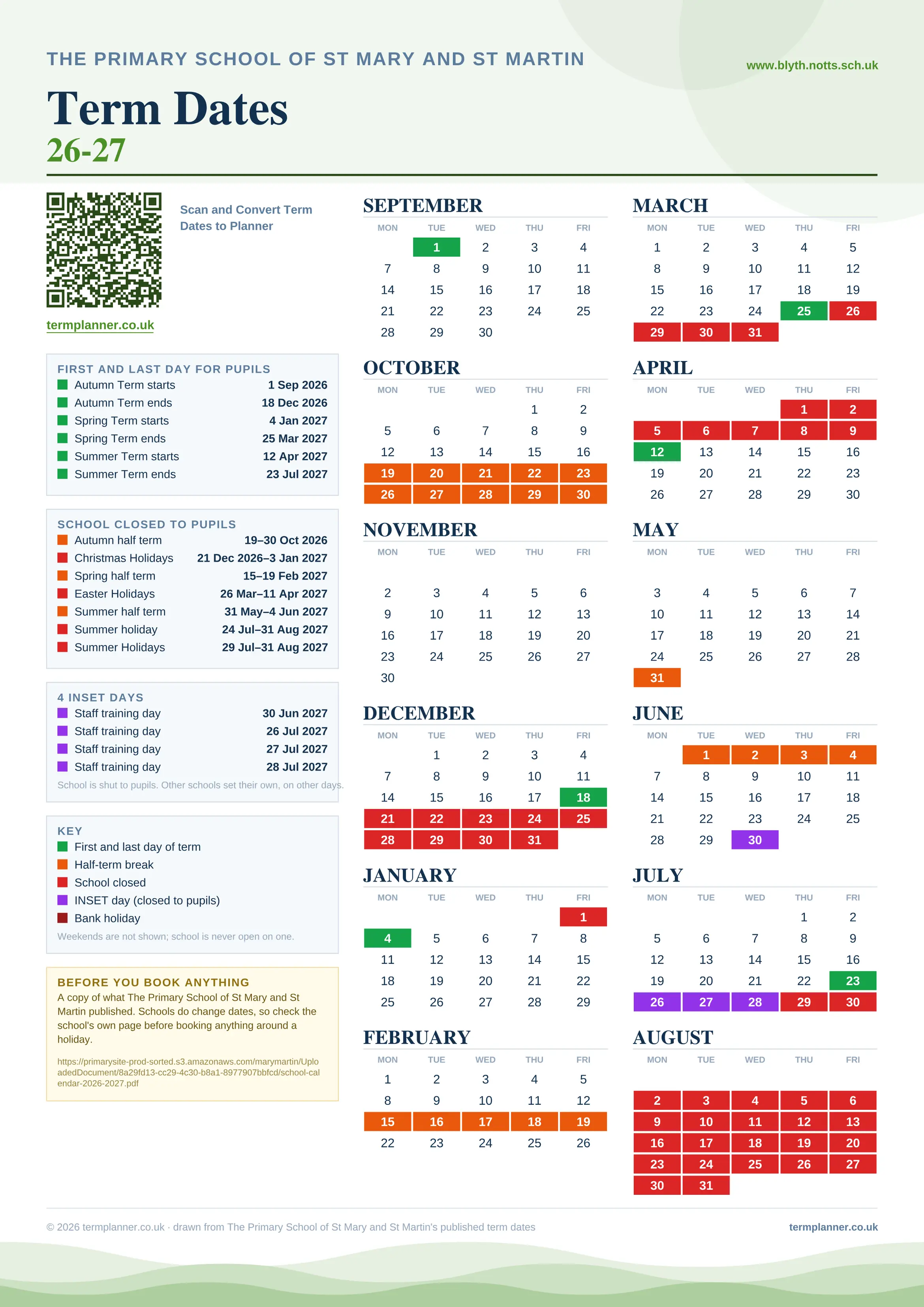 The Primary School of St Mary and St Martin’s 2026/27 school year drawn as one sheet: twelve month grids from September to August, Monday to Friday, with autumn term 1 September to 18 December 2026, spring term 4 January to 25 March 2027, summer term 12 April to 23 July 2027. Half terms, holidays and bank holidays are filled in colour, the first and last day of each term is marked, 4 INSET days are picked out, and every date is listed again in words down the left.