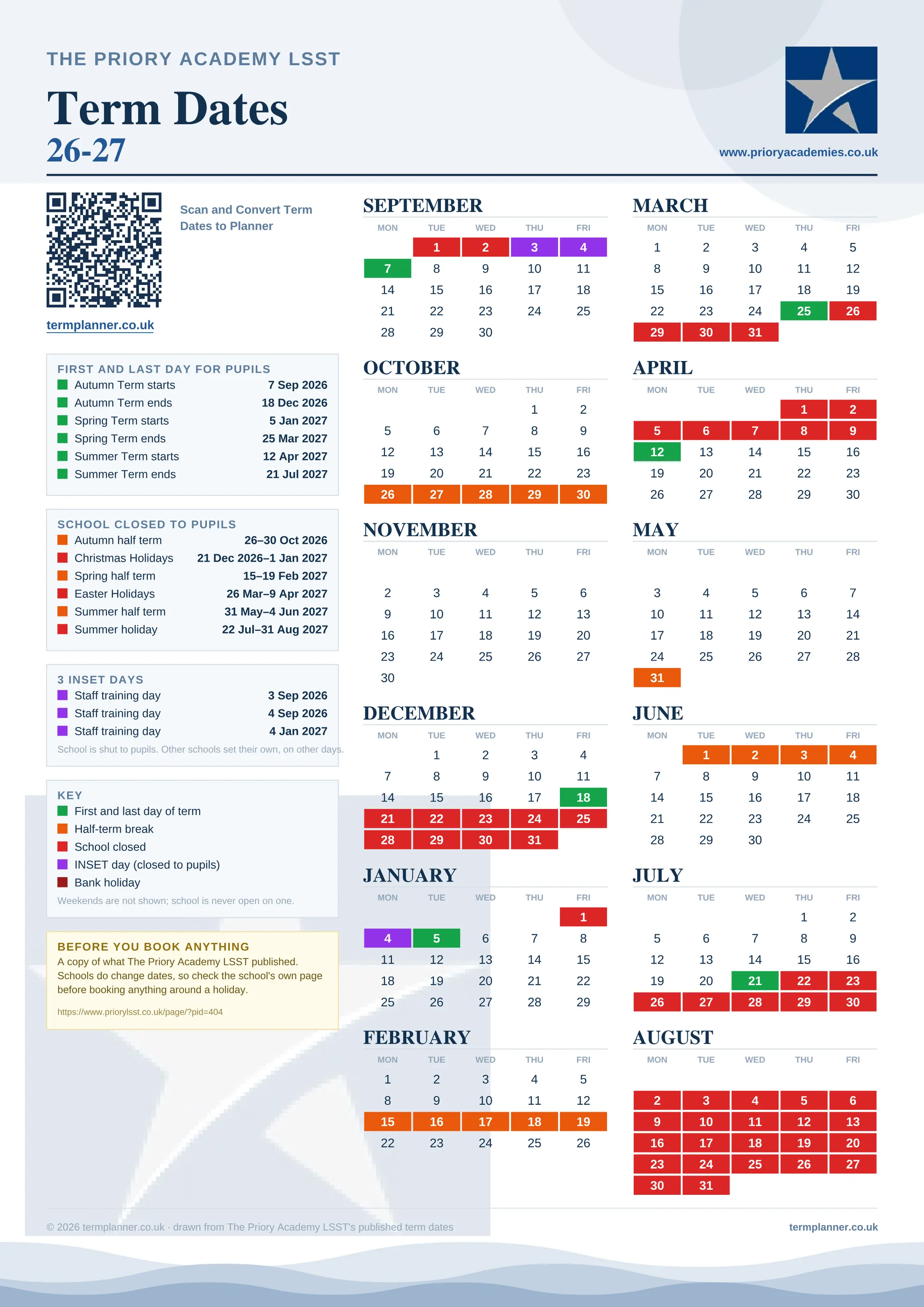 The Priory Academy LSST’s 2026/27 school year drawn as one sheet: twelve month grids from September to August, Monday to Friday, with autumn term 7 September to 18 December 2026, spring term 5 January to 25 March 2027, summer term 12 April to 21 July 2027. Half terms, holidays and bank holidays are filled in colour, the first and last day of each term is marked, 3 INSET days are picked out, and every date is listed again in words down the left.