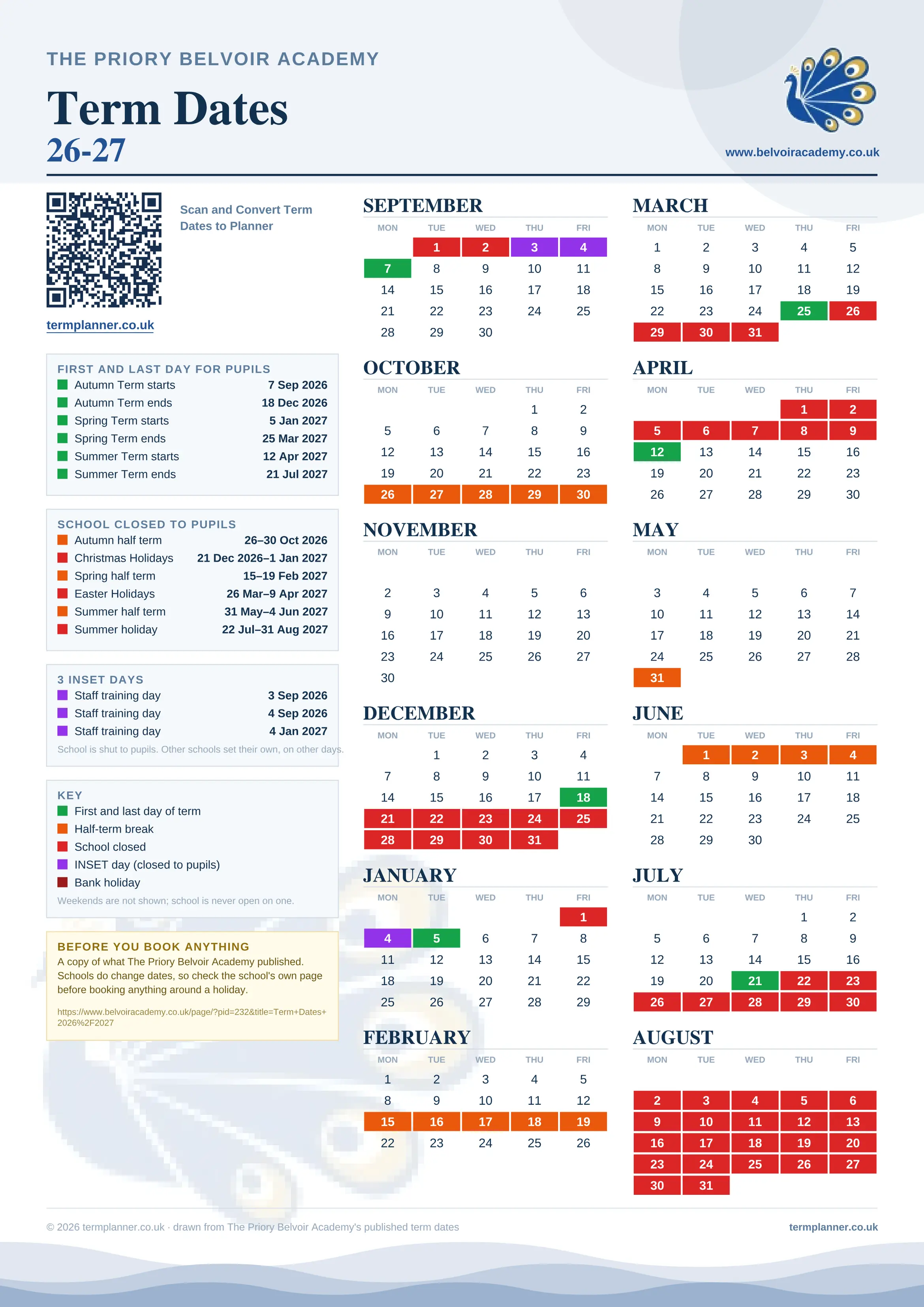 The Priory Belvoir Academy’s 2026/27 school year drawn as one sheet: twelve month grids from September to August, Monday to Friday, with autumn term 7 September to 18 December 2026, spring term 5 January to 25 March 2027, summer term 12 April to 21 July 2027. Half terms, holidays and bank holidays are filled in colour, the first and last day of each term is marked, 3 INSET days are picked out, and every date is listed again in words down the left.