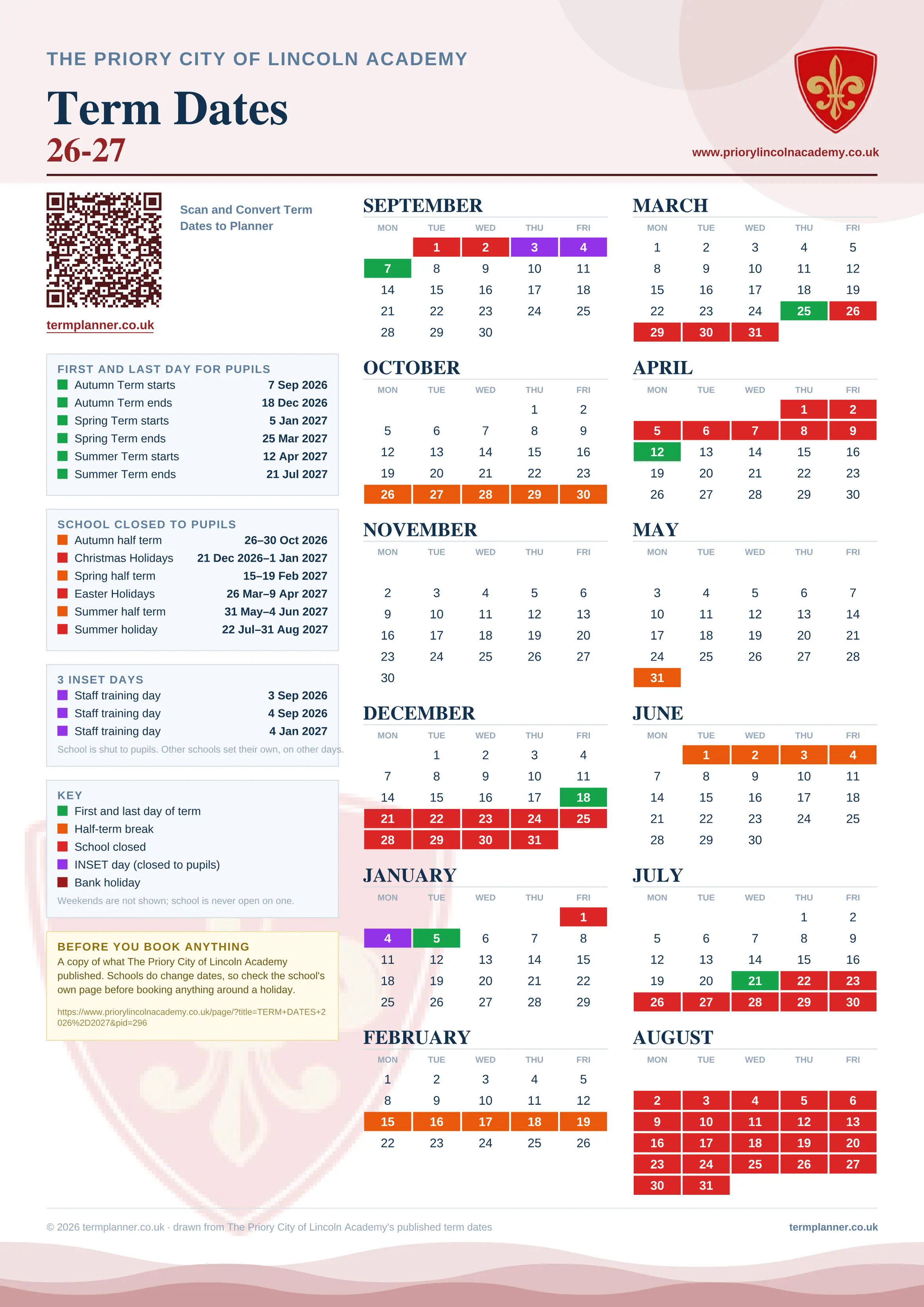 The Priory City of Lincoln Academy’s 2026/27 school year drawn as one sheet: twelve month grids from September to August, Monday to Friday, with autumn term 7 September to 18 December 2026, spring term 5 January to 25 March 2027, summer term 12 April to 21 July 2027. Half terms, holidays and bank holidays are filled in colour, the first and last day of each term is marked, 3 INSET days are picked out, and every date is listed again in words down the left.