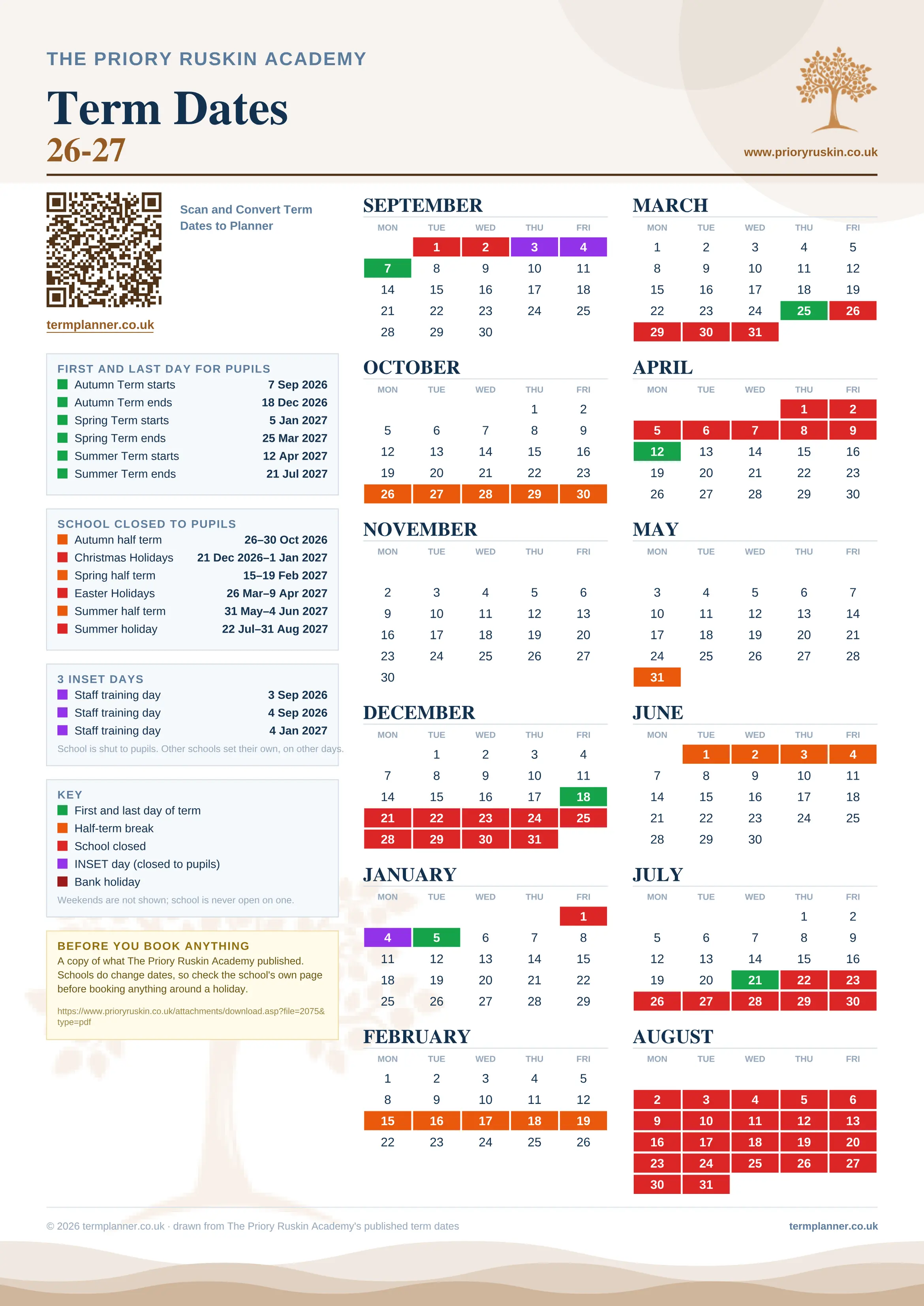 The Priory Ruskin Academy’s 2026/27 school year drawn as one sheet: twelve month grids from September to August, Monday to Friday, with autumn term 7 September to 18 December 2026, spring term 5 January to 25 March 2027, summer term 12 April to 21 July 2027. Half terms, holidays and bank holidays are filled in colour, the first and last day of each term is marked, 3 INSET days are picked out, and every date is listed again in words down the left.