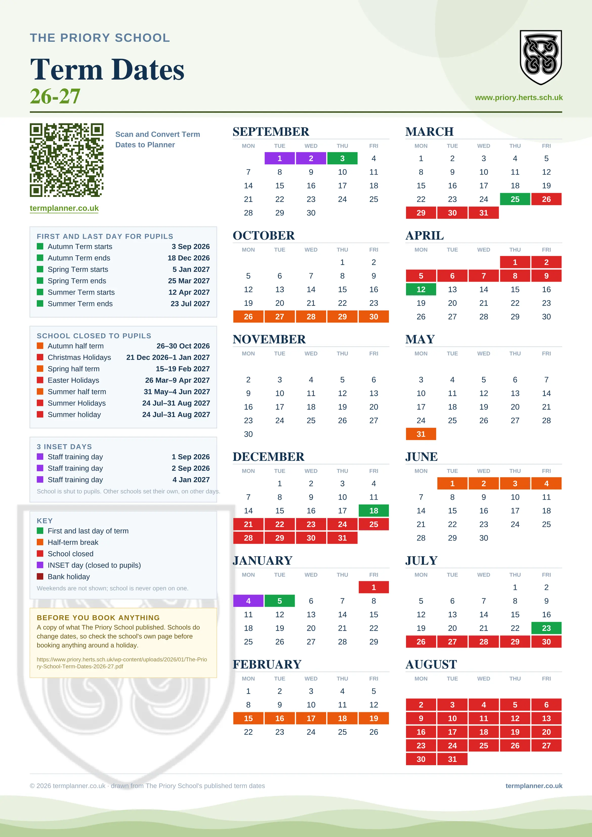 The Priory School’s 2026/27 school year drawn as one sheet: twelve month grids from September to August, Monday to Friday, with autumn term 3 September to 18 December 2026, spring term 5 January to 25 March 2027, summer term 12 April to 23 July 2027. Half terms, holidays and bank holidays are filled in colour, the first and last day of each term is marked, 3 INSET days are picked out, and every date is listed again in words down the left.